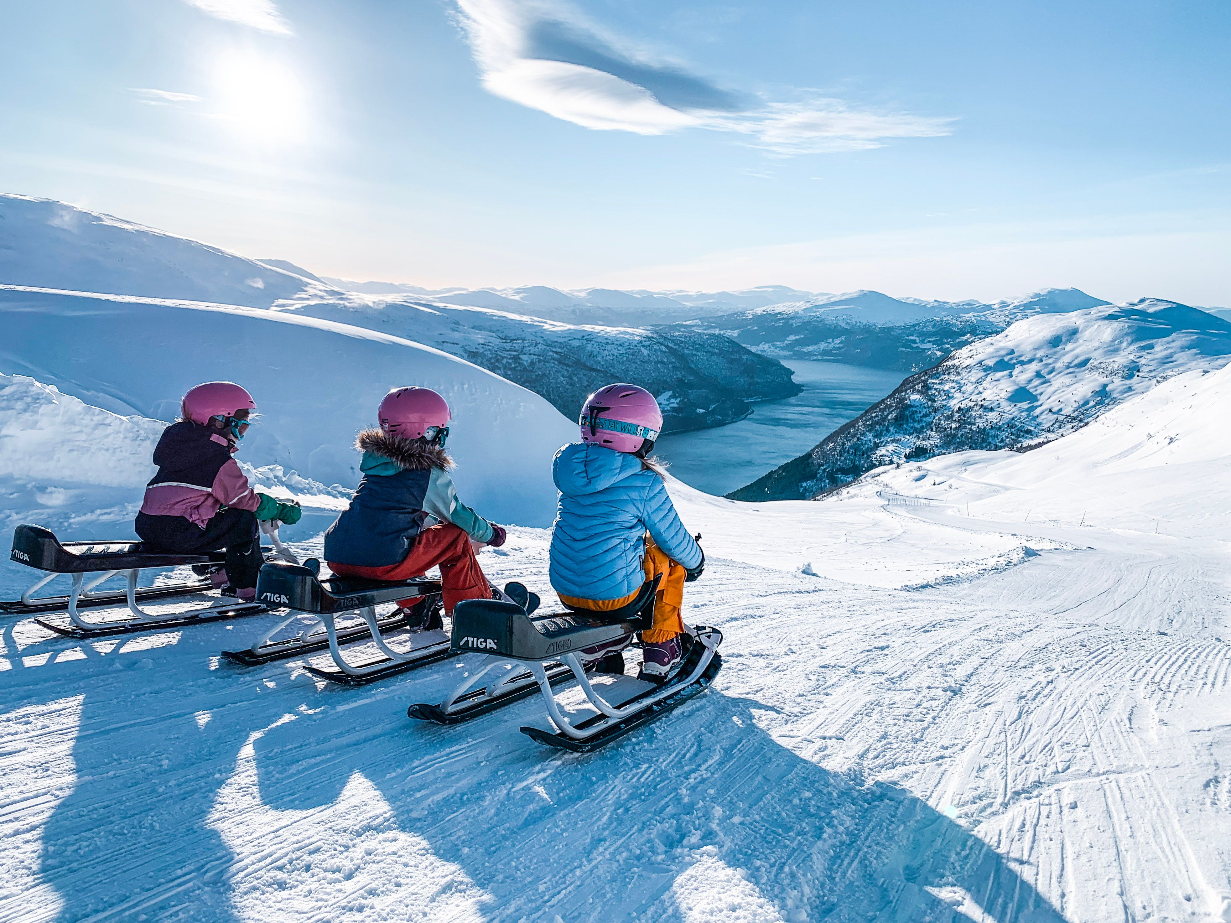 Girls on sleds at Loen Skylift, Norway.