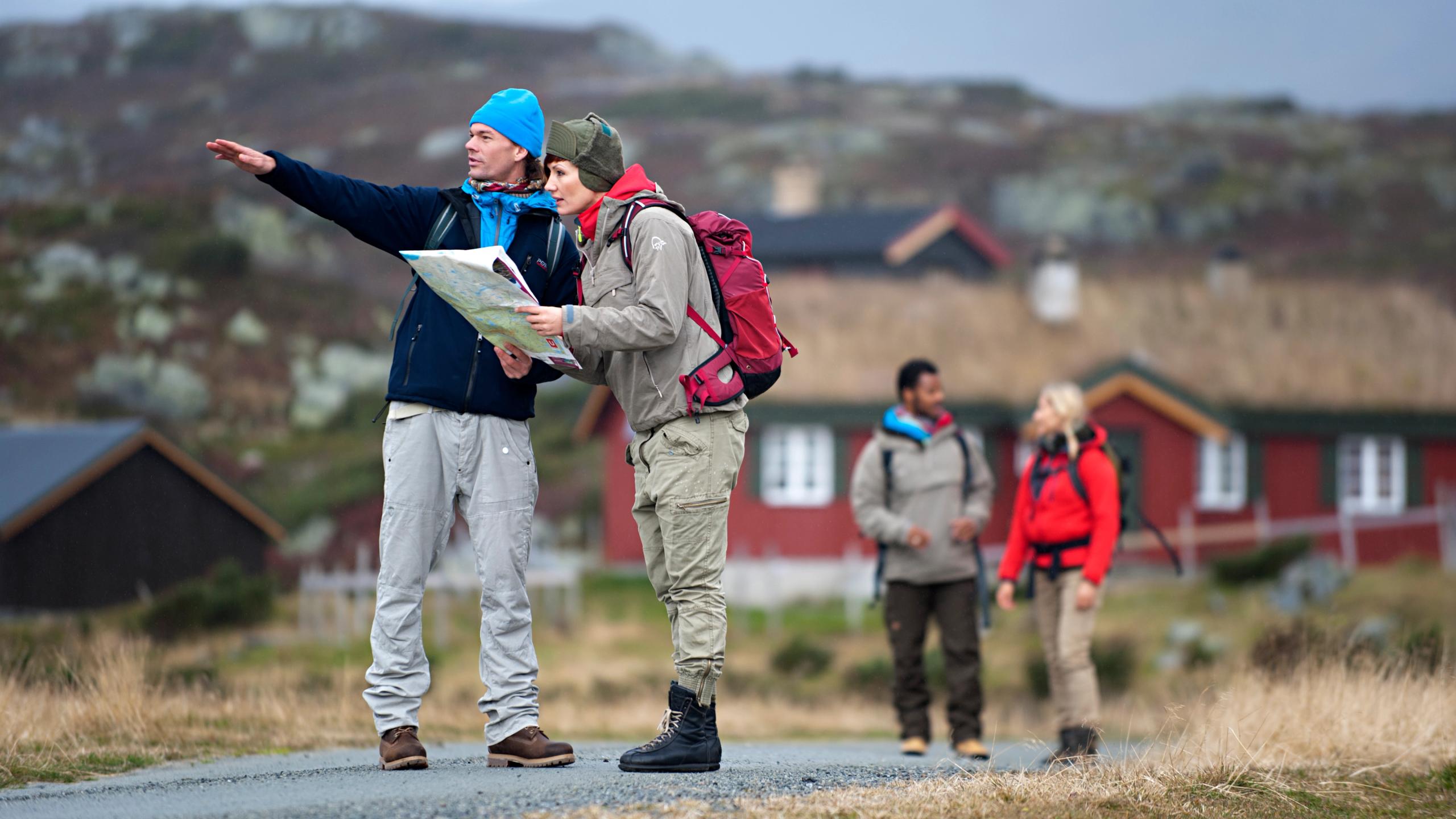 Four people hiking and looking at the map for where to hike in Beitostølen in Eastern Norway