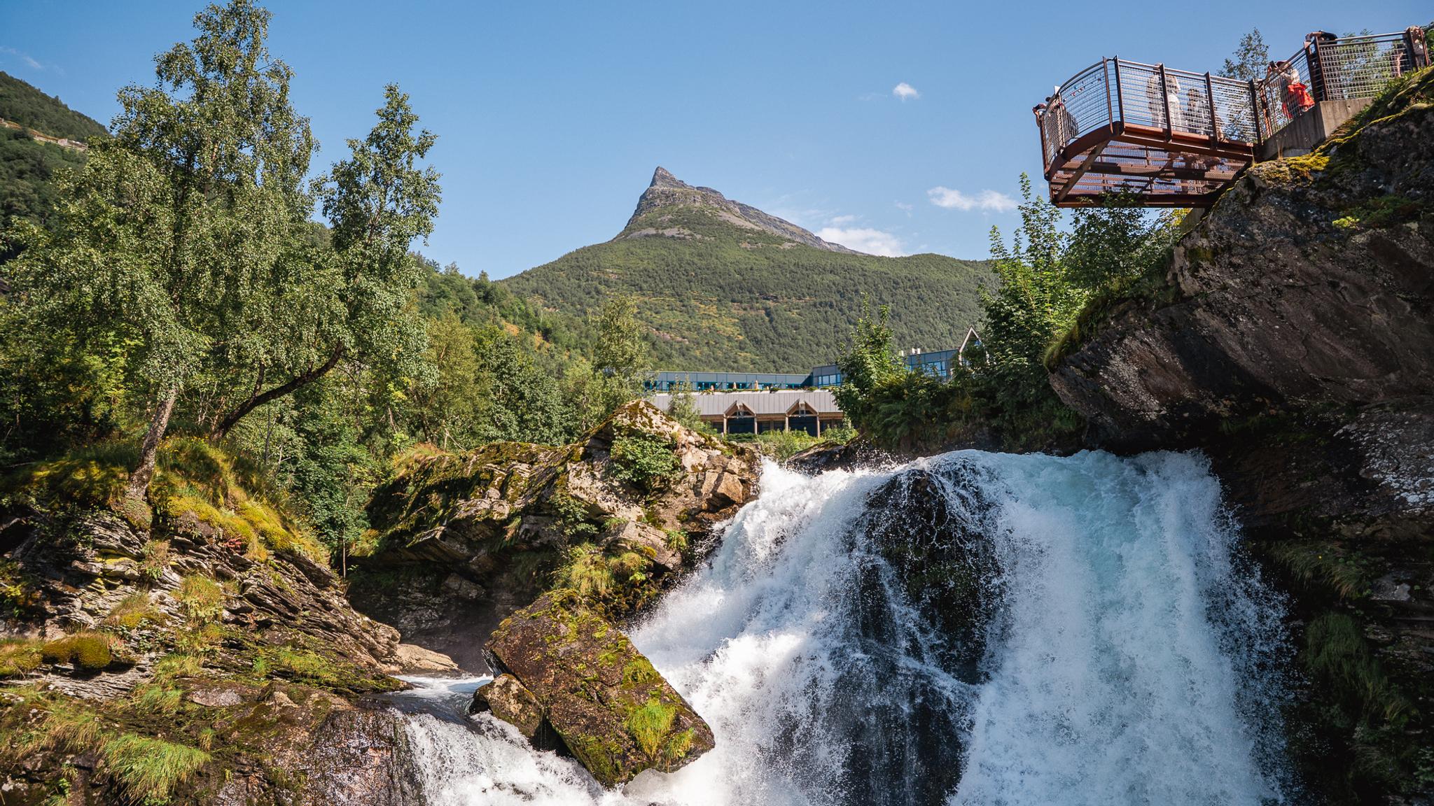 A waterfall in the middle of Geiranger.