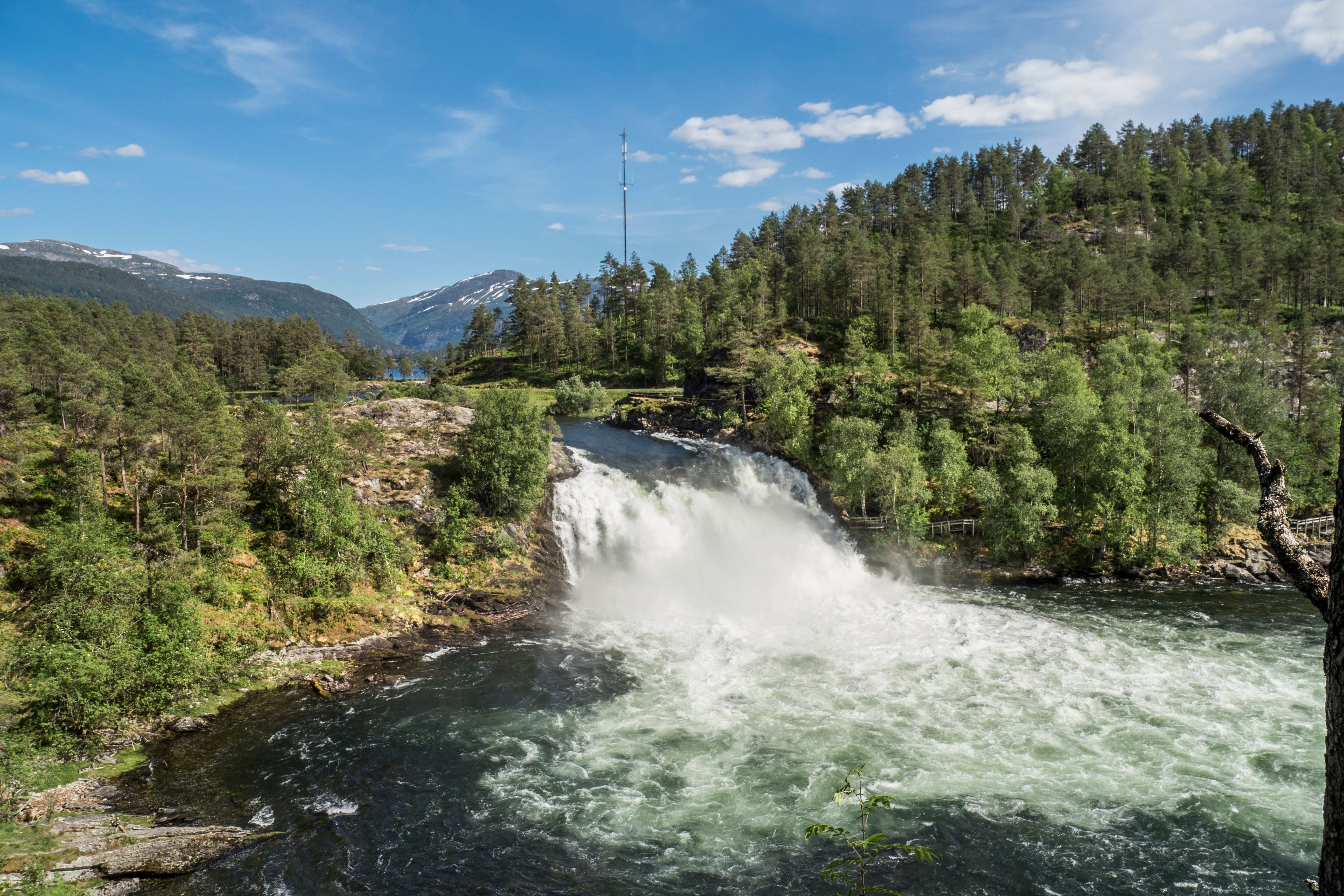 Waterfall amidst lush mountains