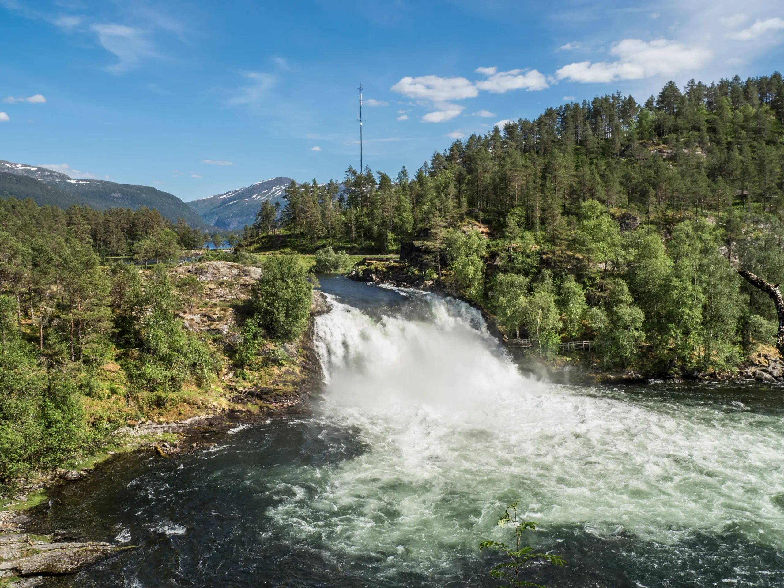 Waterfall amidst lush mountains