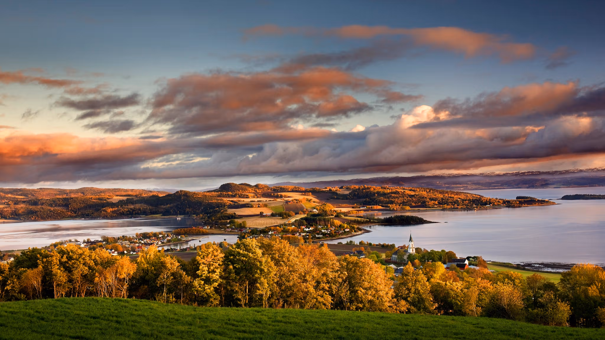 Overview of Inderøy in Innherred an autumn evening light. Trøndelag, Norway
