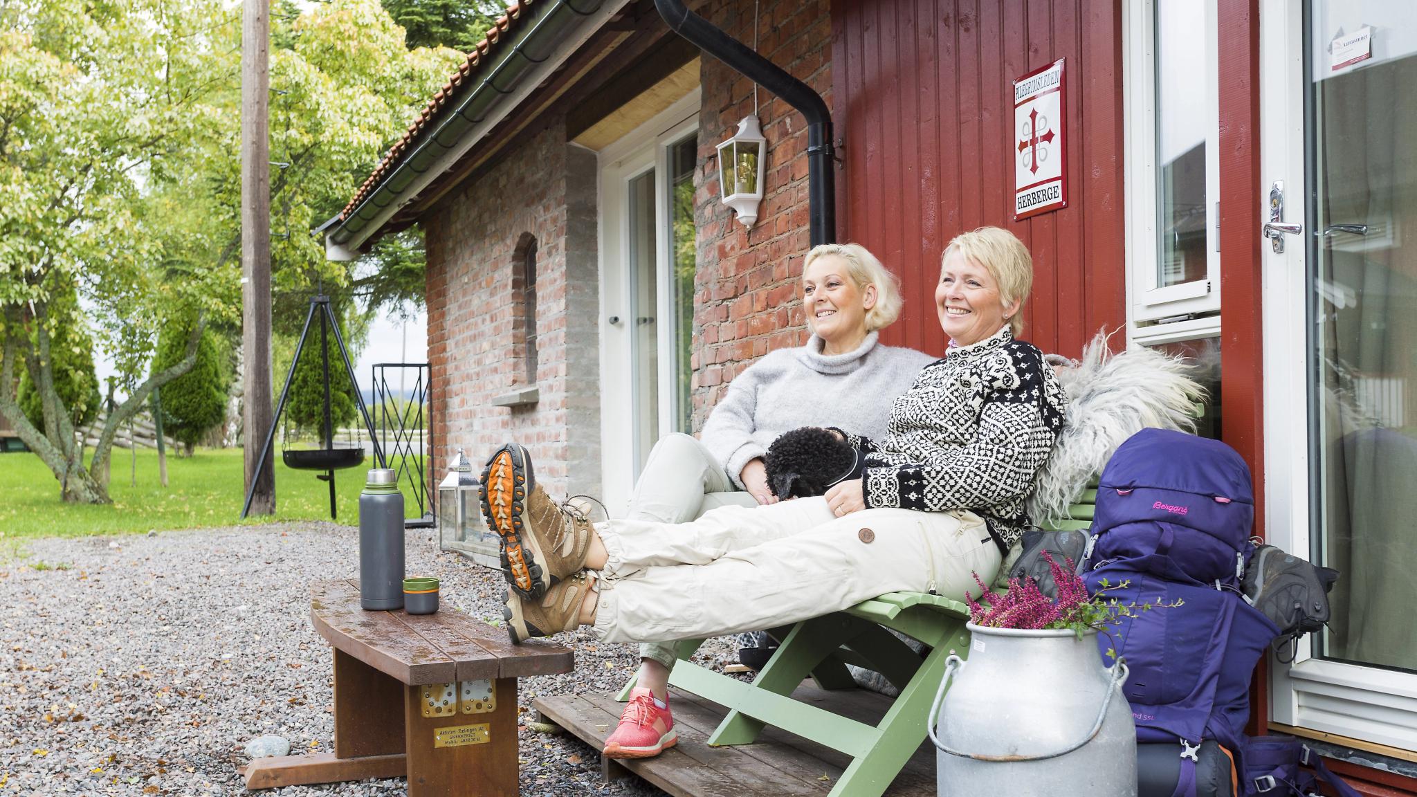 Pilgrims taking a break at the St. Olav Ways north of Oslo, Eastern Norway