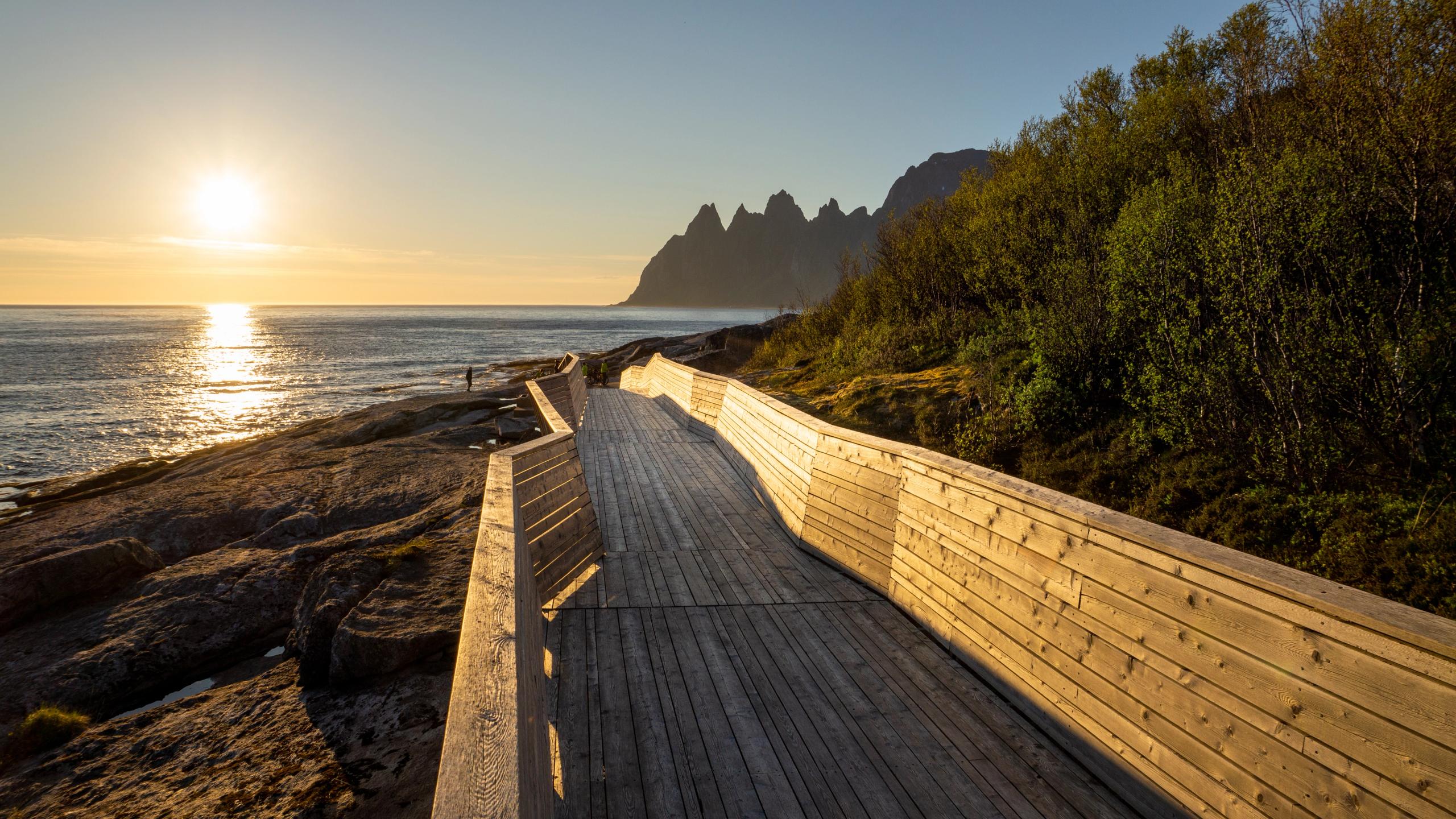 Tungeneset walkpath at Norwegian Scenic Route Senja, Northern Norway, in midnight sun