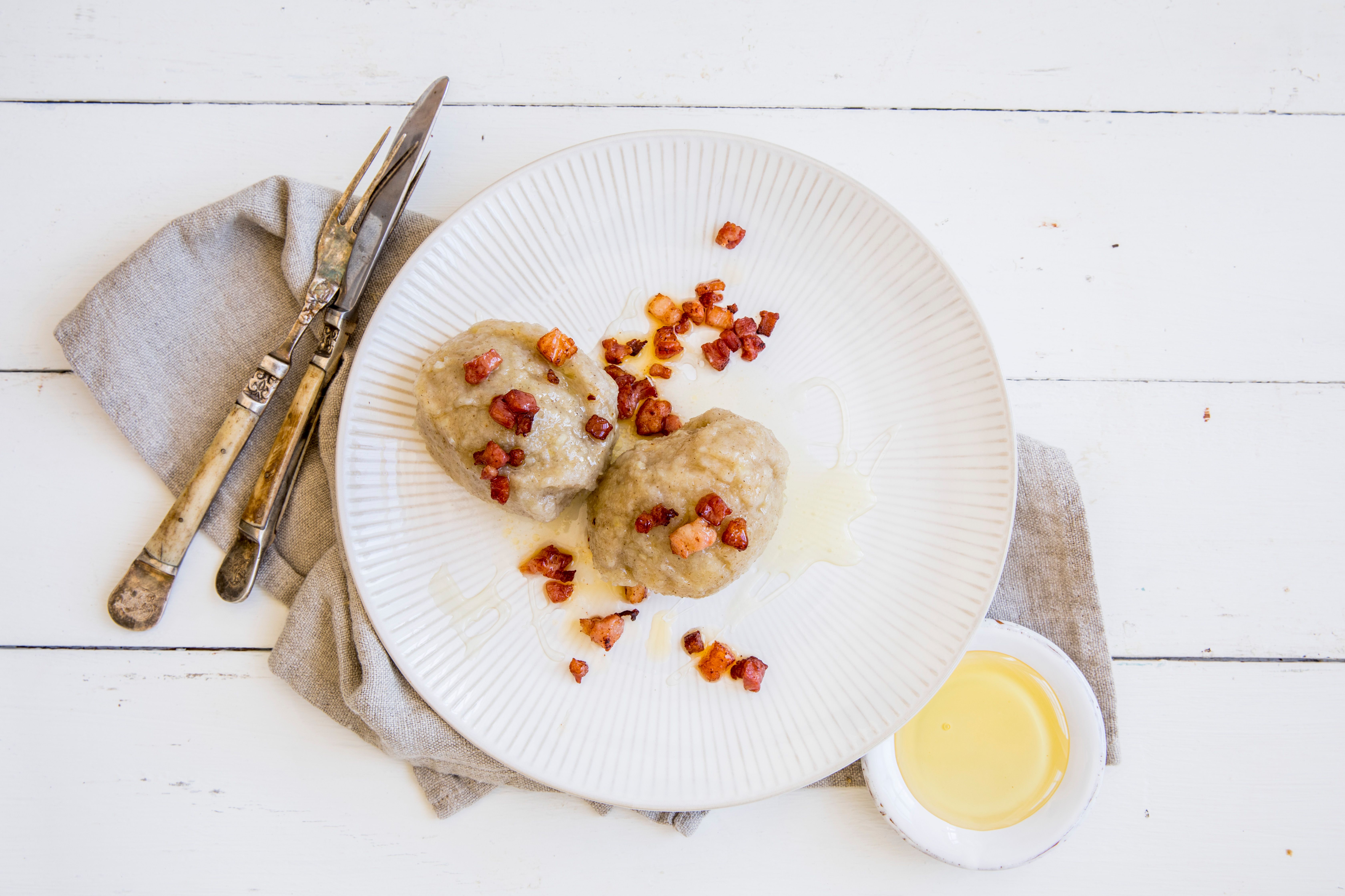 Norwegian potato dumplings, served with bacon