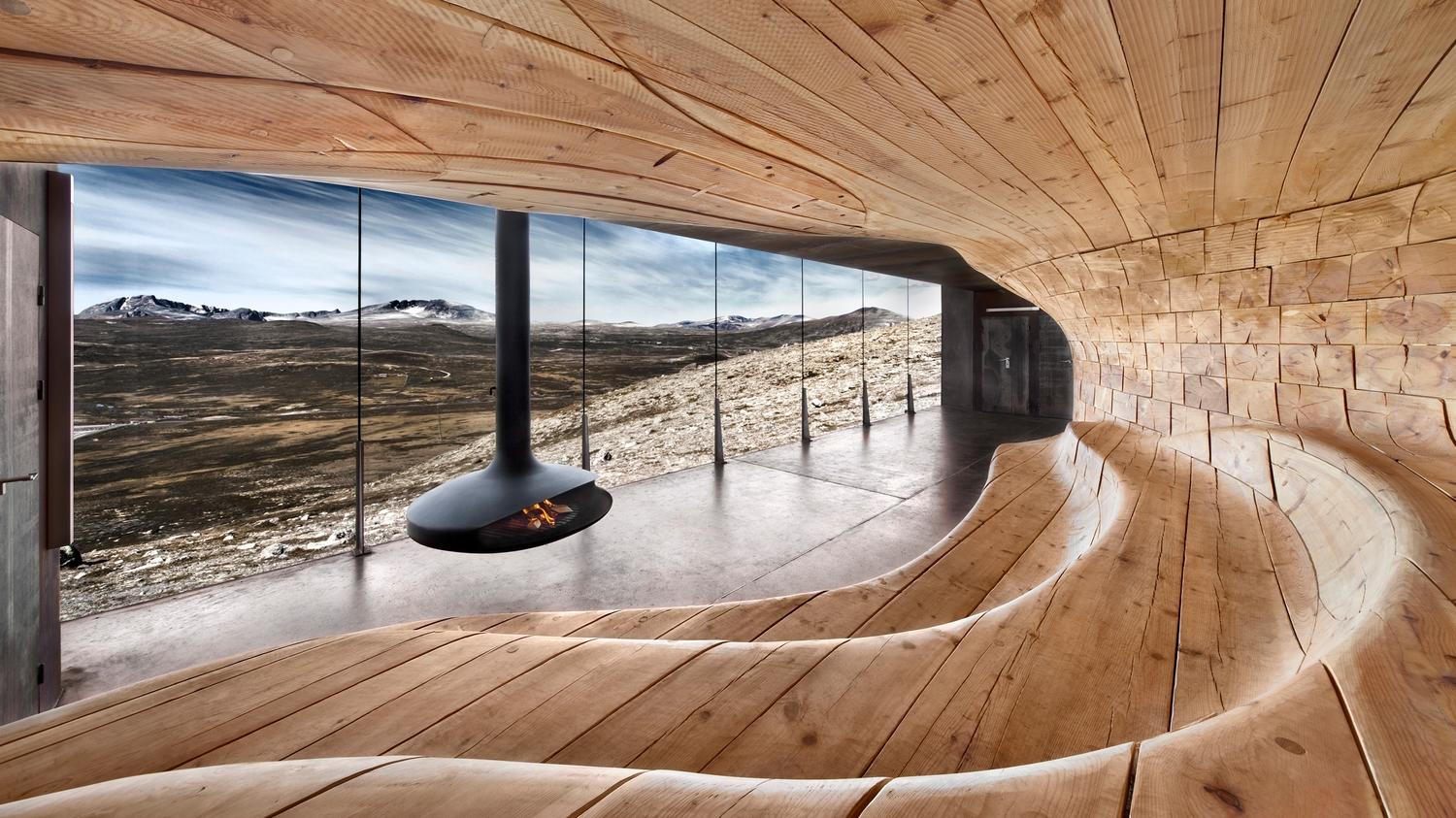 The view from inside Viewpoint Snøhetta at Tverrfjellet in Dovrefjell, Eastern Norway