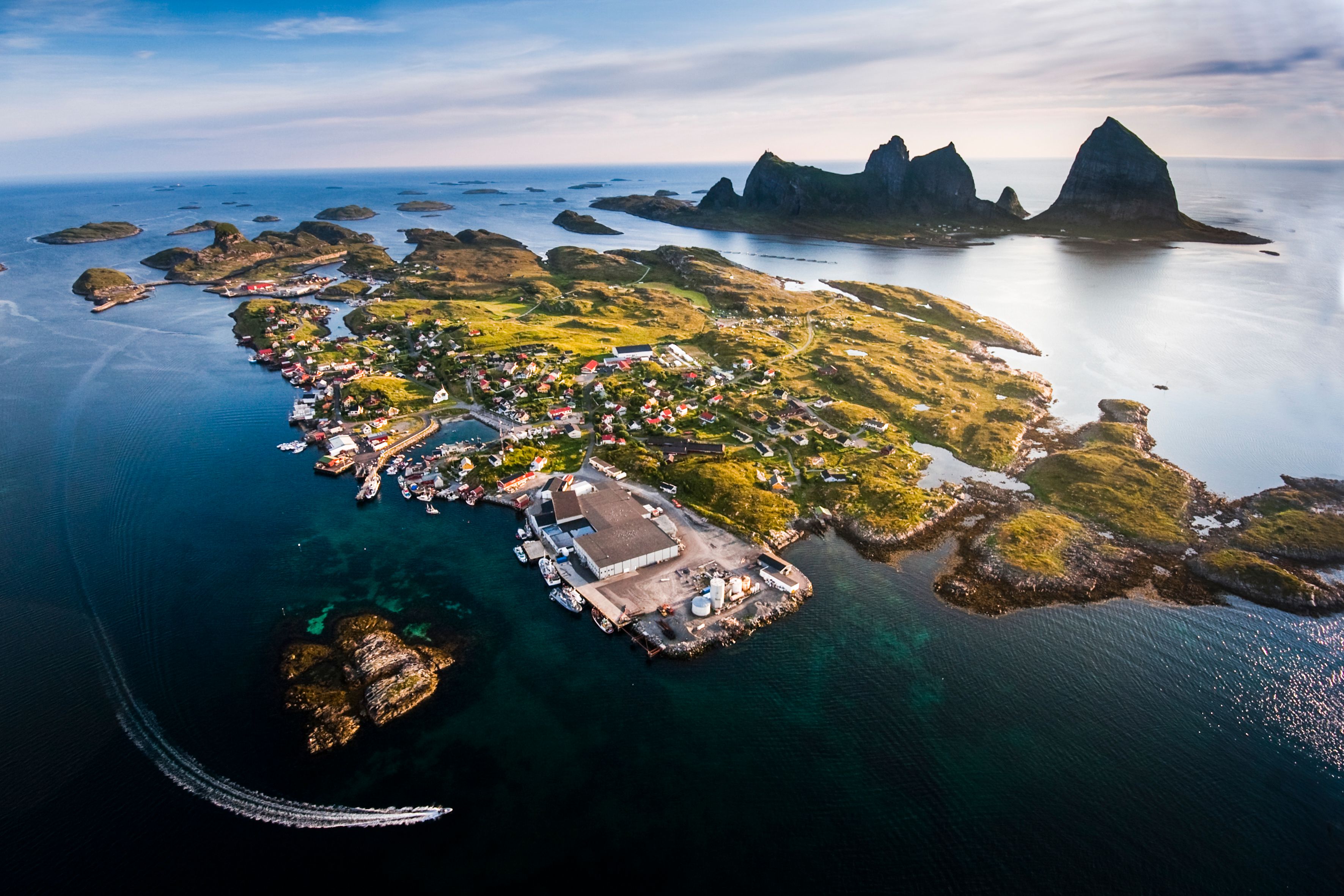 Go island hopping on the Helgeland coast. Aerial photograph of Træna in Helgeland, Northern Norway
