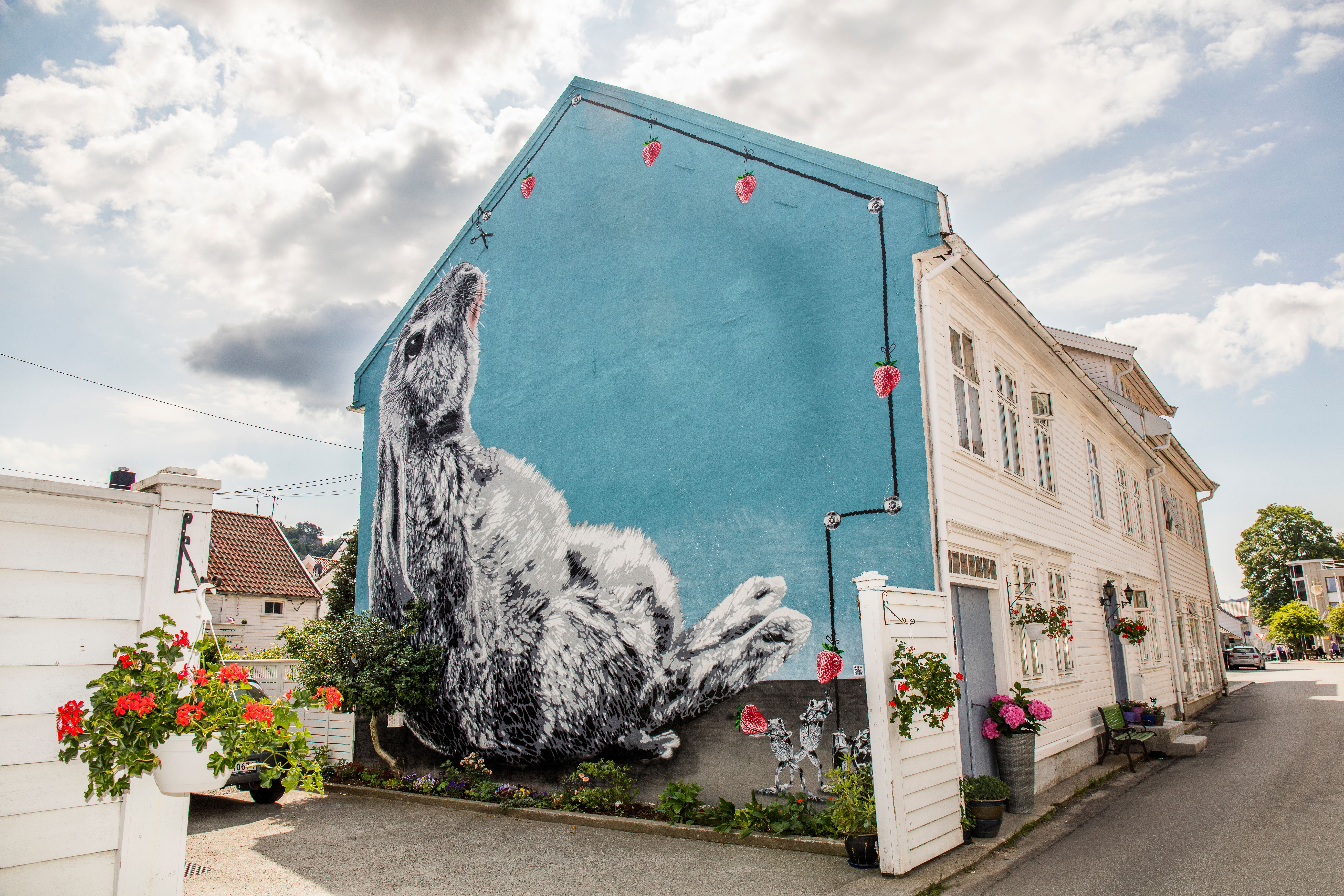 Street art covering the entirety of the short side of a white wooden house in Flekkefjord, Southern Norway. The street art portrays a bunny on a blue background.