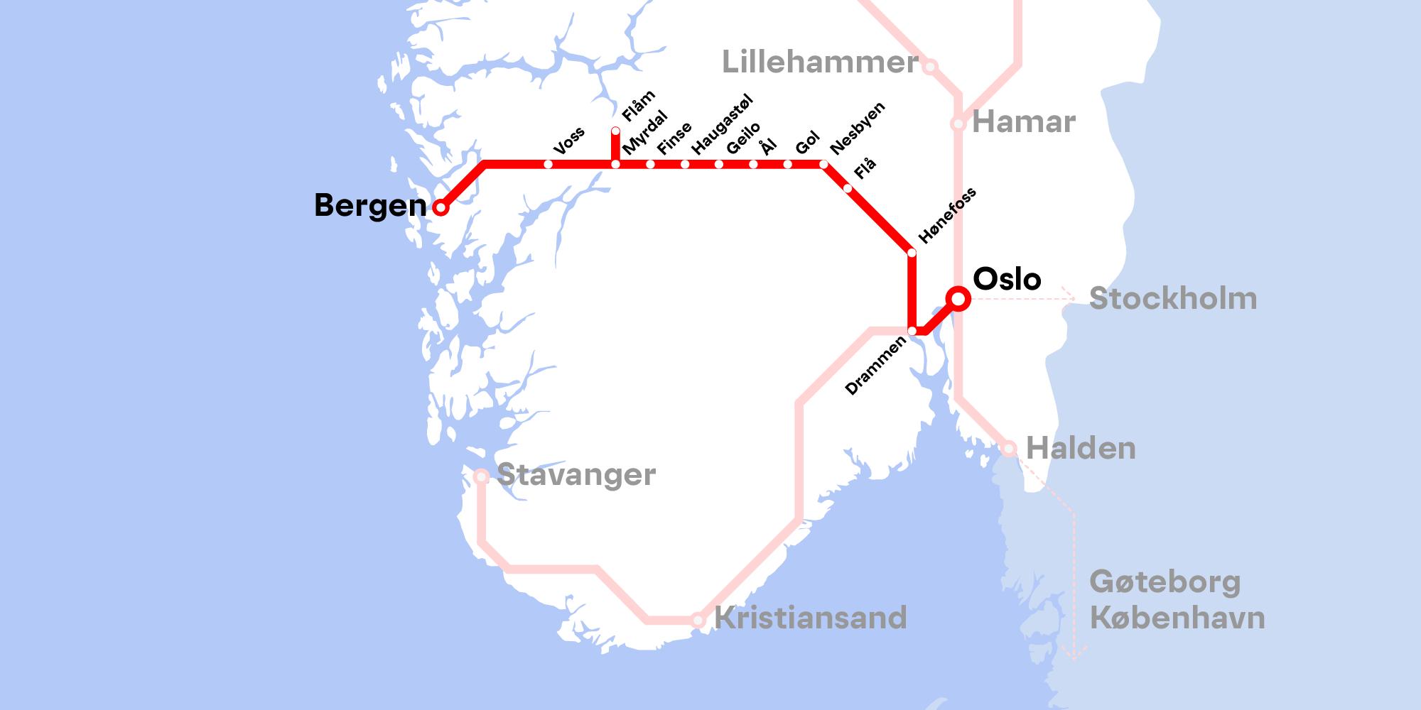 Kart over Bergensbanen