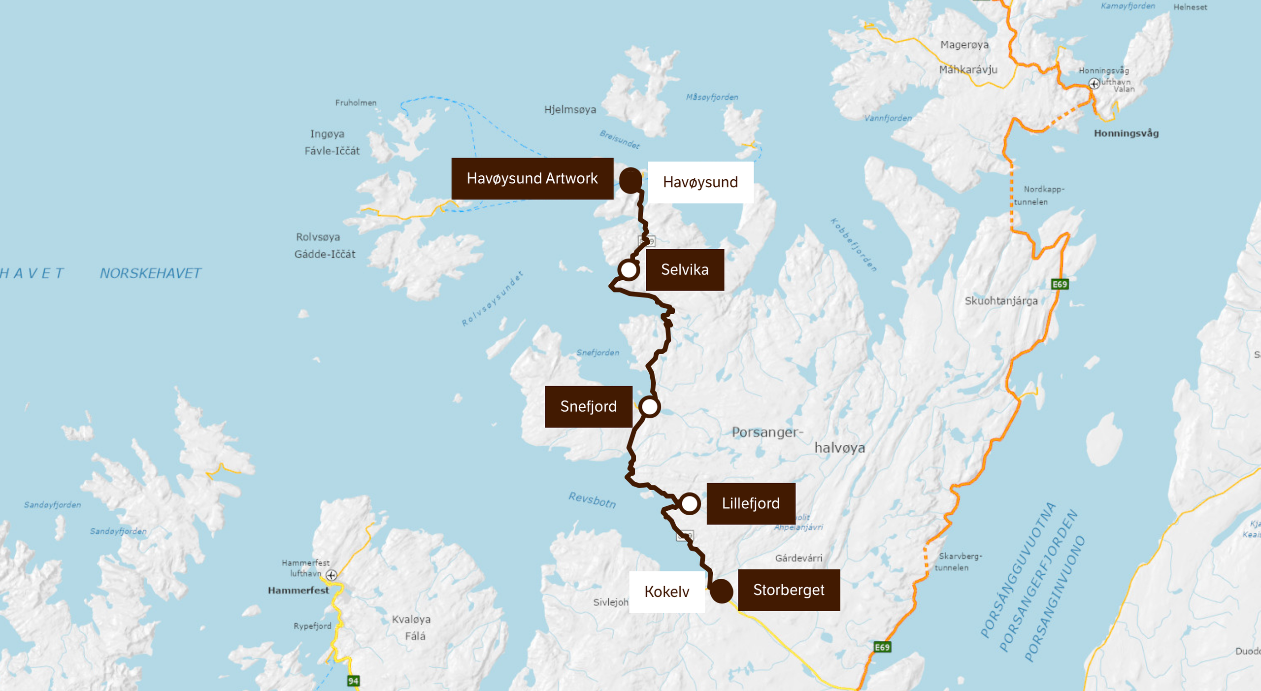 A map of the Norwegian Scenic Route Havøysund 