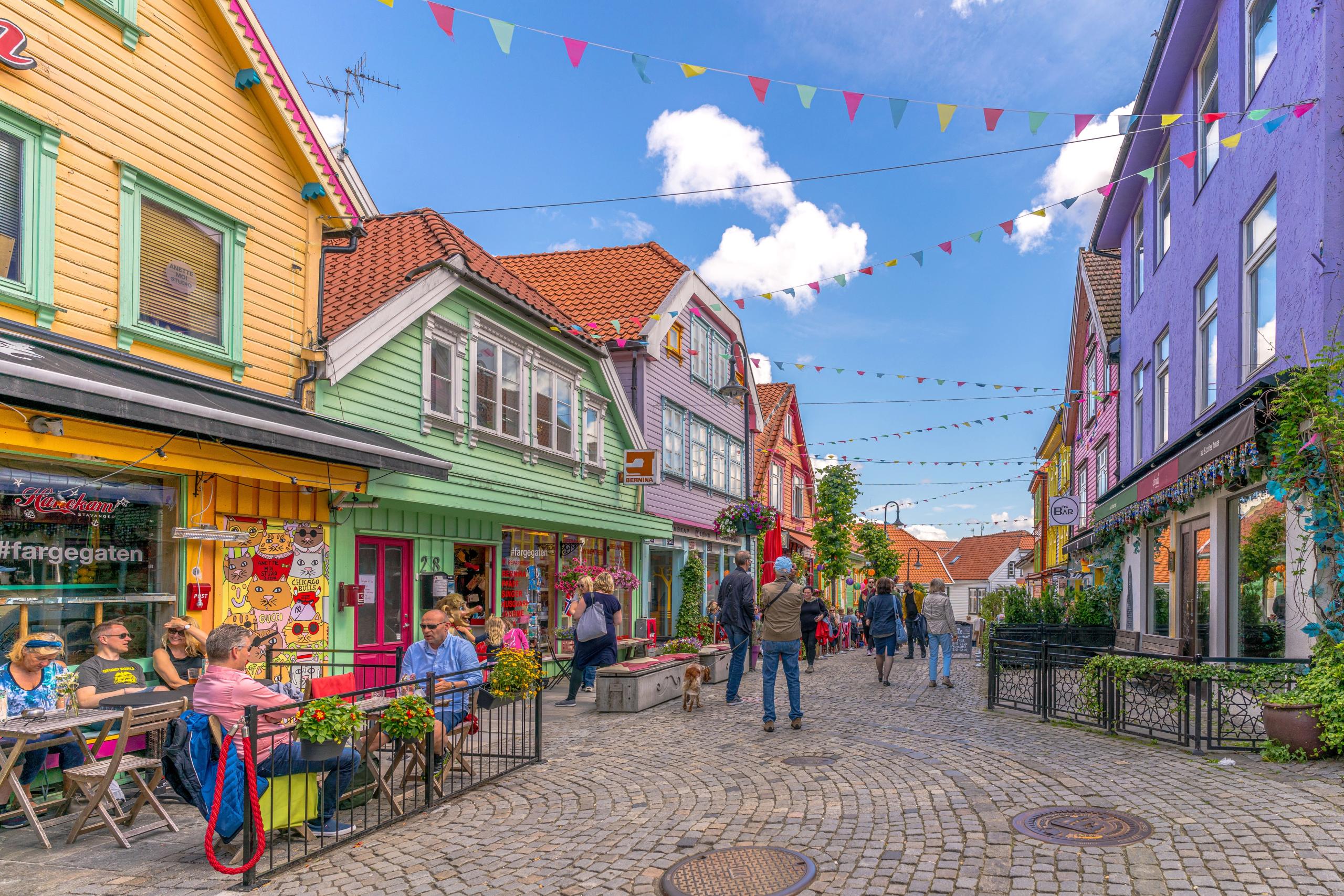 Colourful wooden houses in the street Øvre Holmegate in Stavanger in Fjord Norway