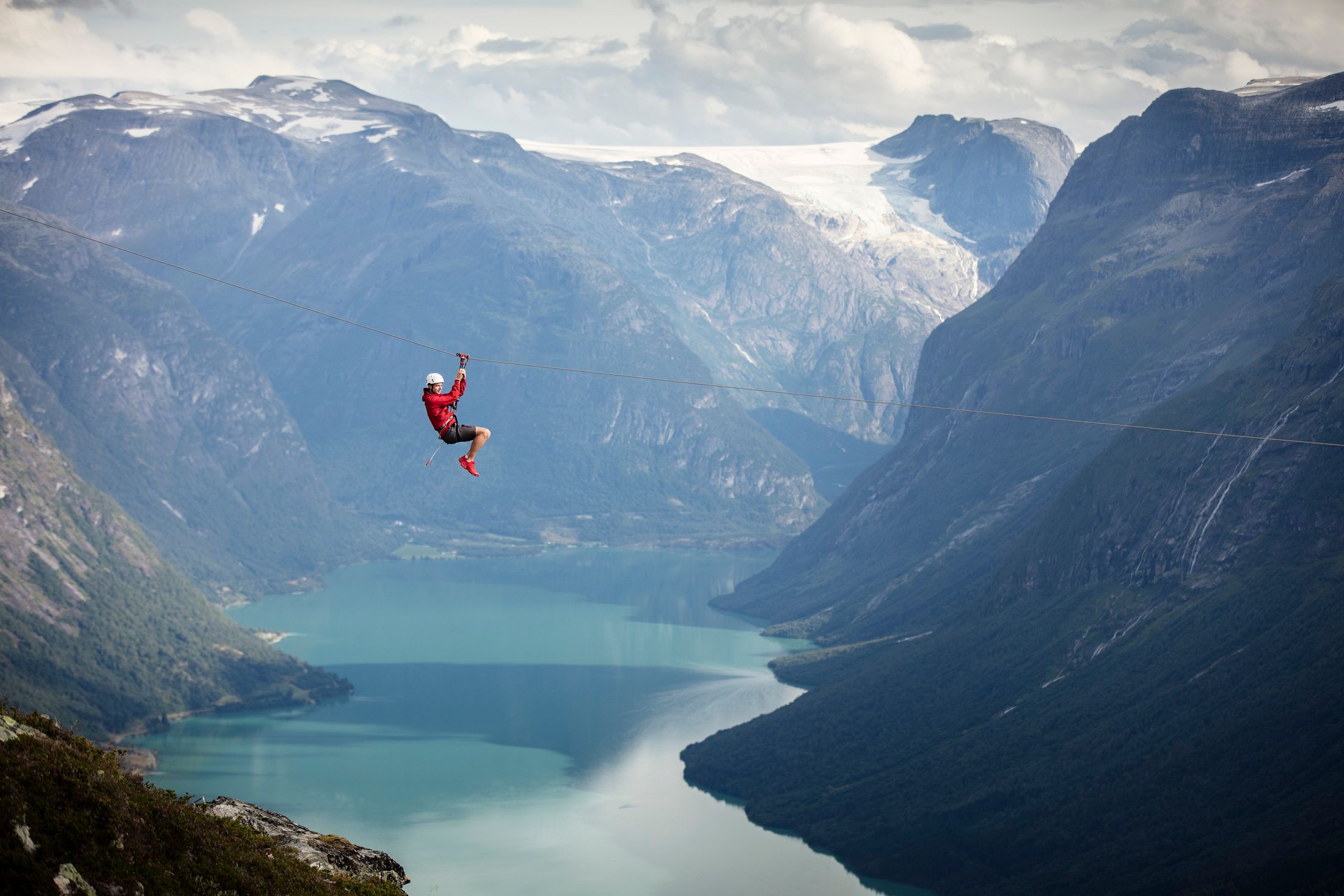 Man ziplining in Loen