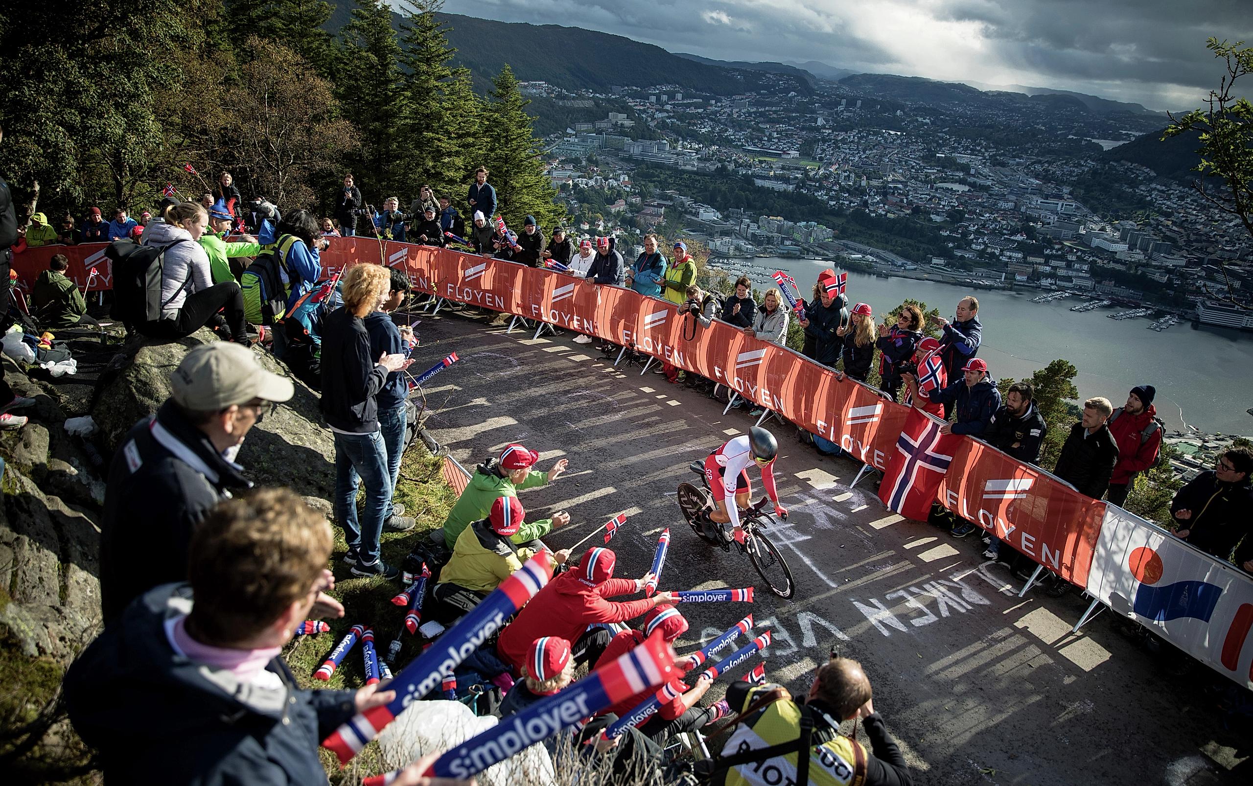 Spectators watching the UCI Road World Championships with a view over Bergen, Norway