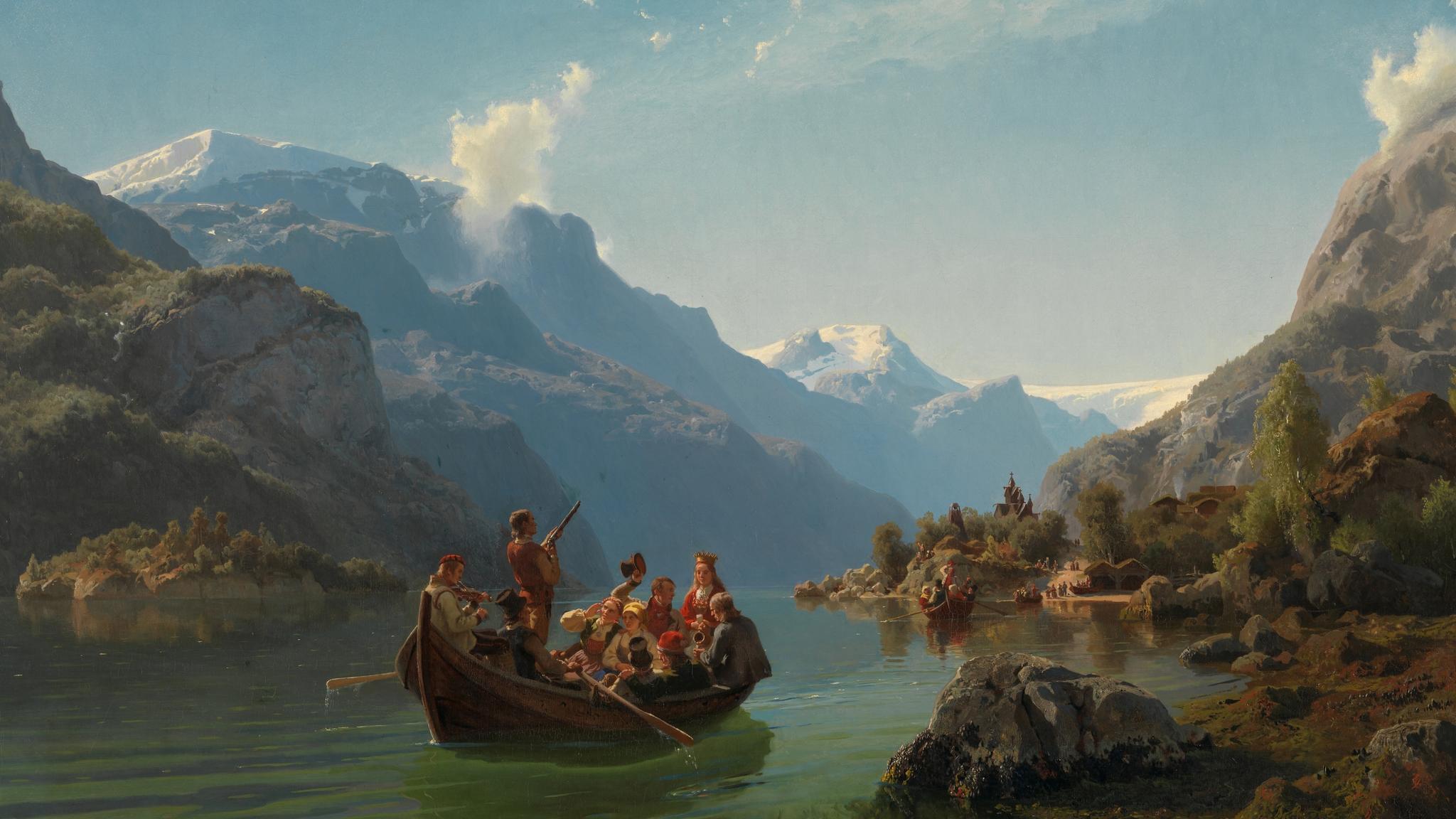 The iconic national romantic painting, Bridal Procession on the Hardanger fjord from 1848