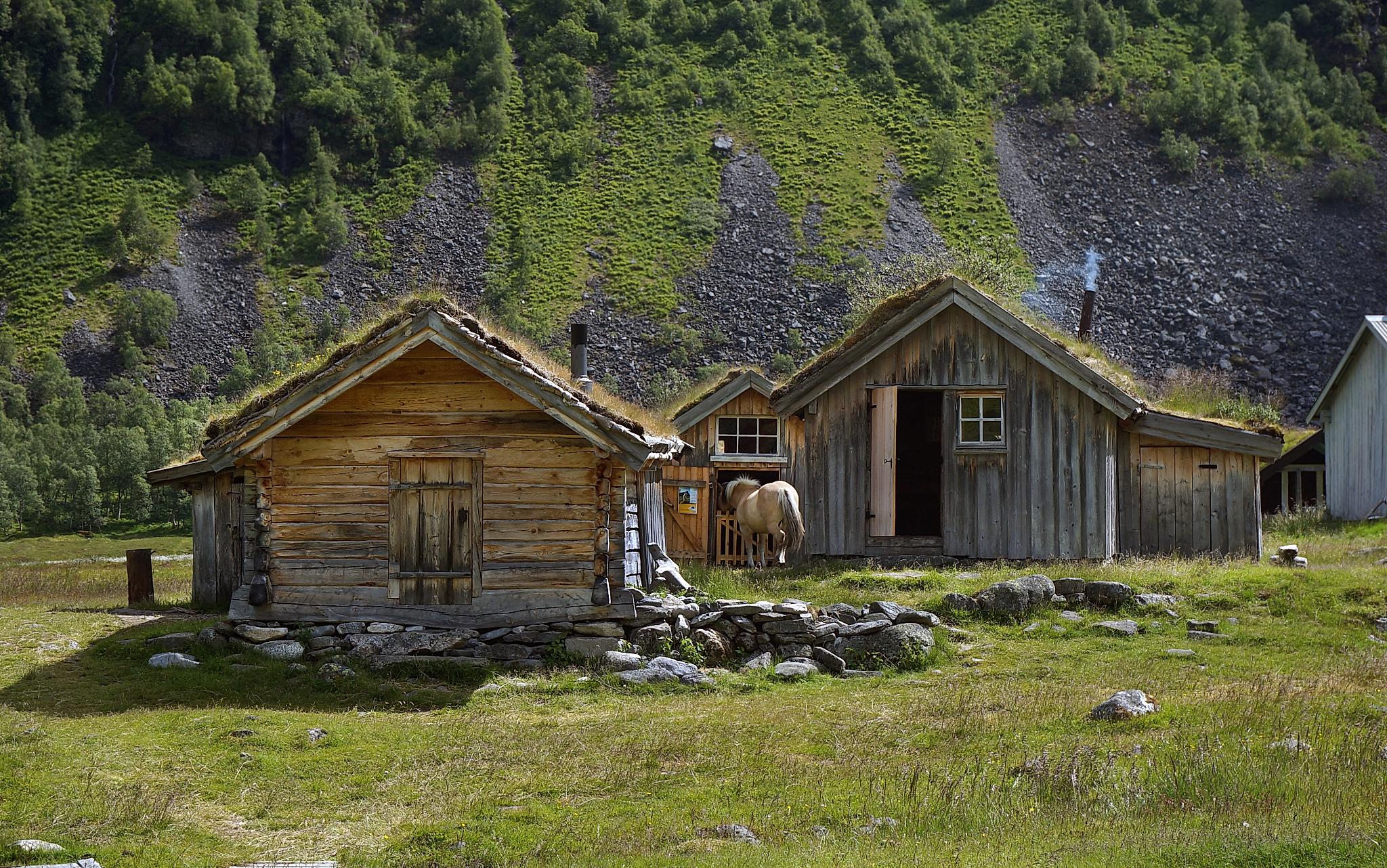 Gamla trähus på gården Herdalssetra i Norddal i Møre og Romsdal, Fjord Norge