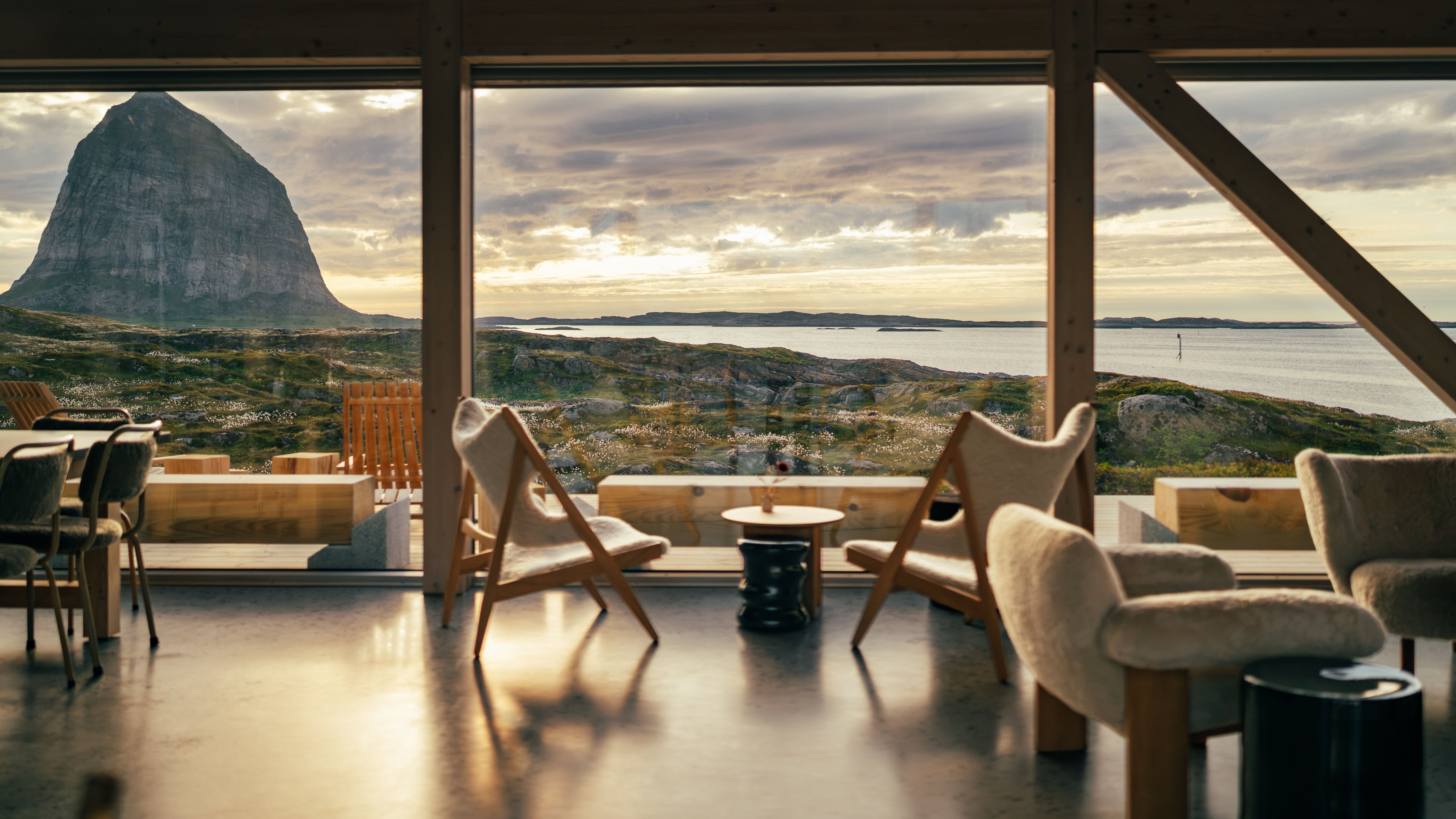 View of mountains and the sea from a hotel.