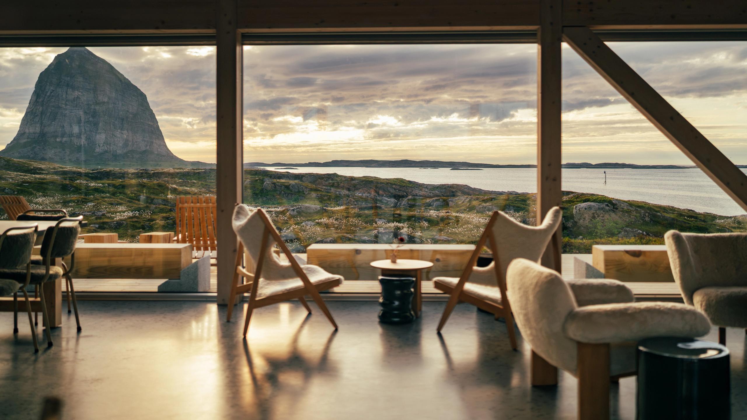 View of mountains and the sea from a hotel.