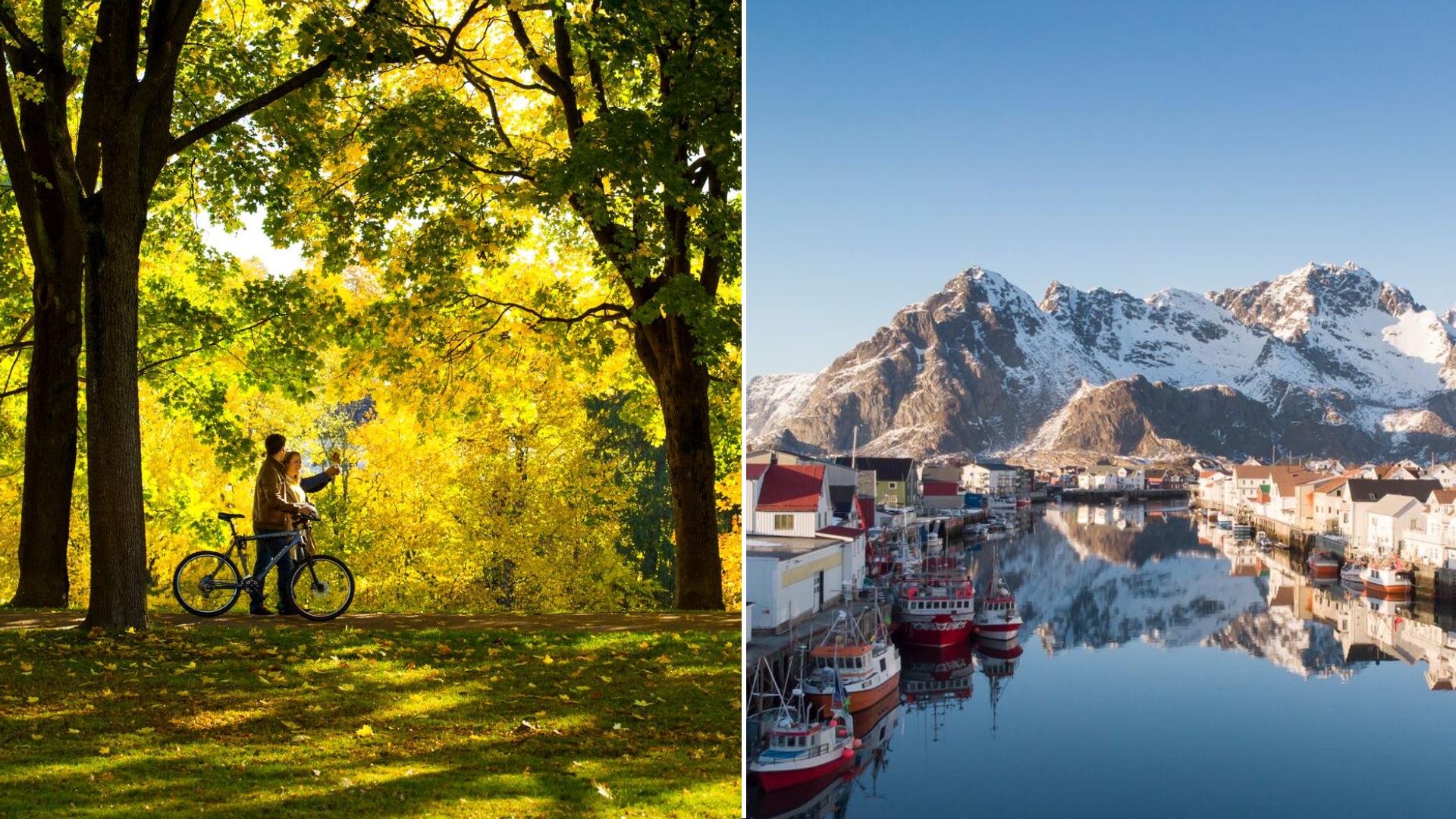 Two people walking in the Vigeland park in Oslo, the Henningsvær fishing village in Lofoten