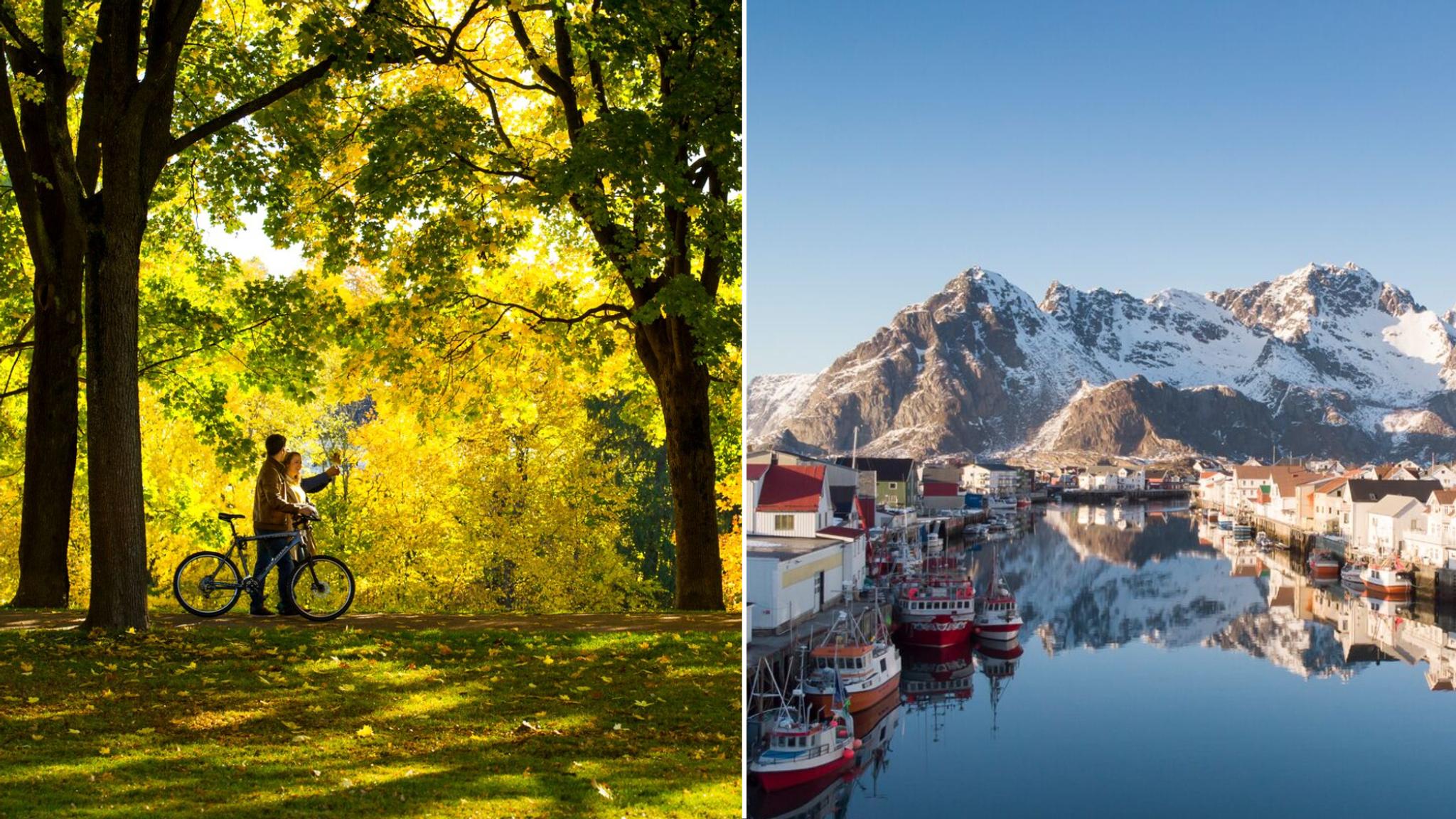 Two people walking in the Vigeland park in Oslo, the Henningsvær fishing village in Lofoten