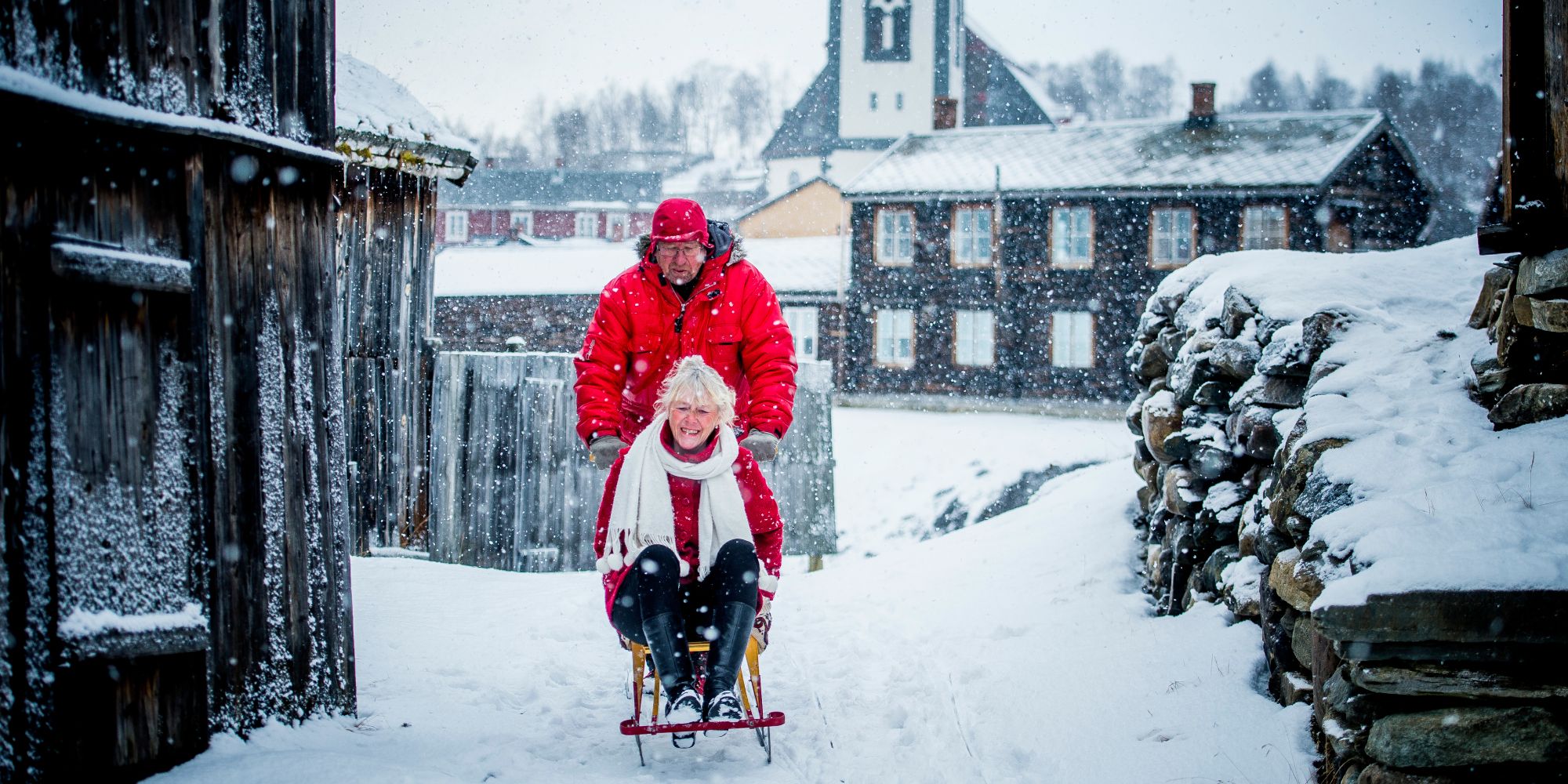 A couple at kicksled at Røros in Trøndelag, Norway.