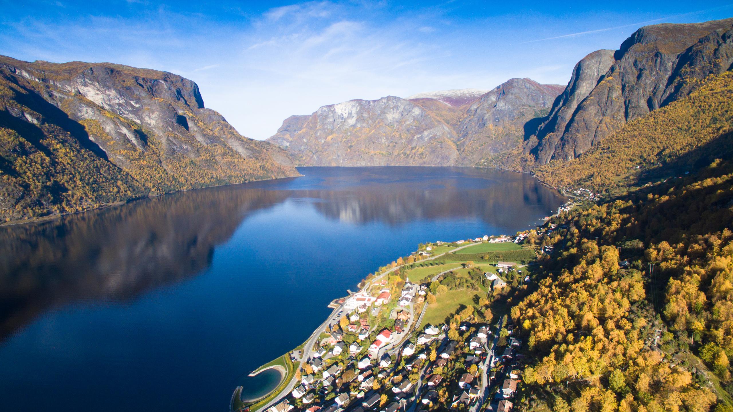 Autums colours in the mountains surrounding Aurland fjord village by the fjord