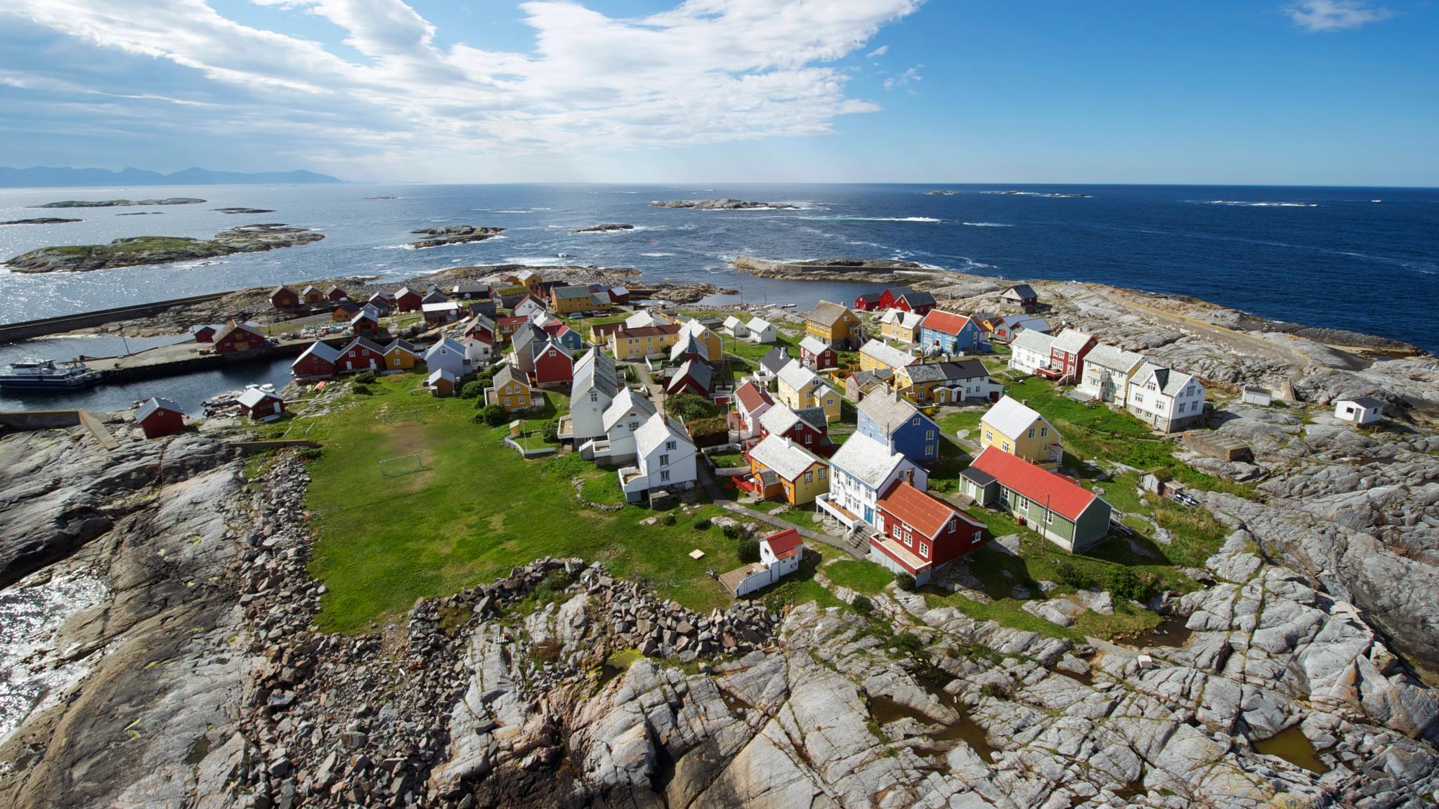 Grip island with small wooden houses in Kristiansund, Fjord Norway