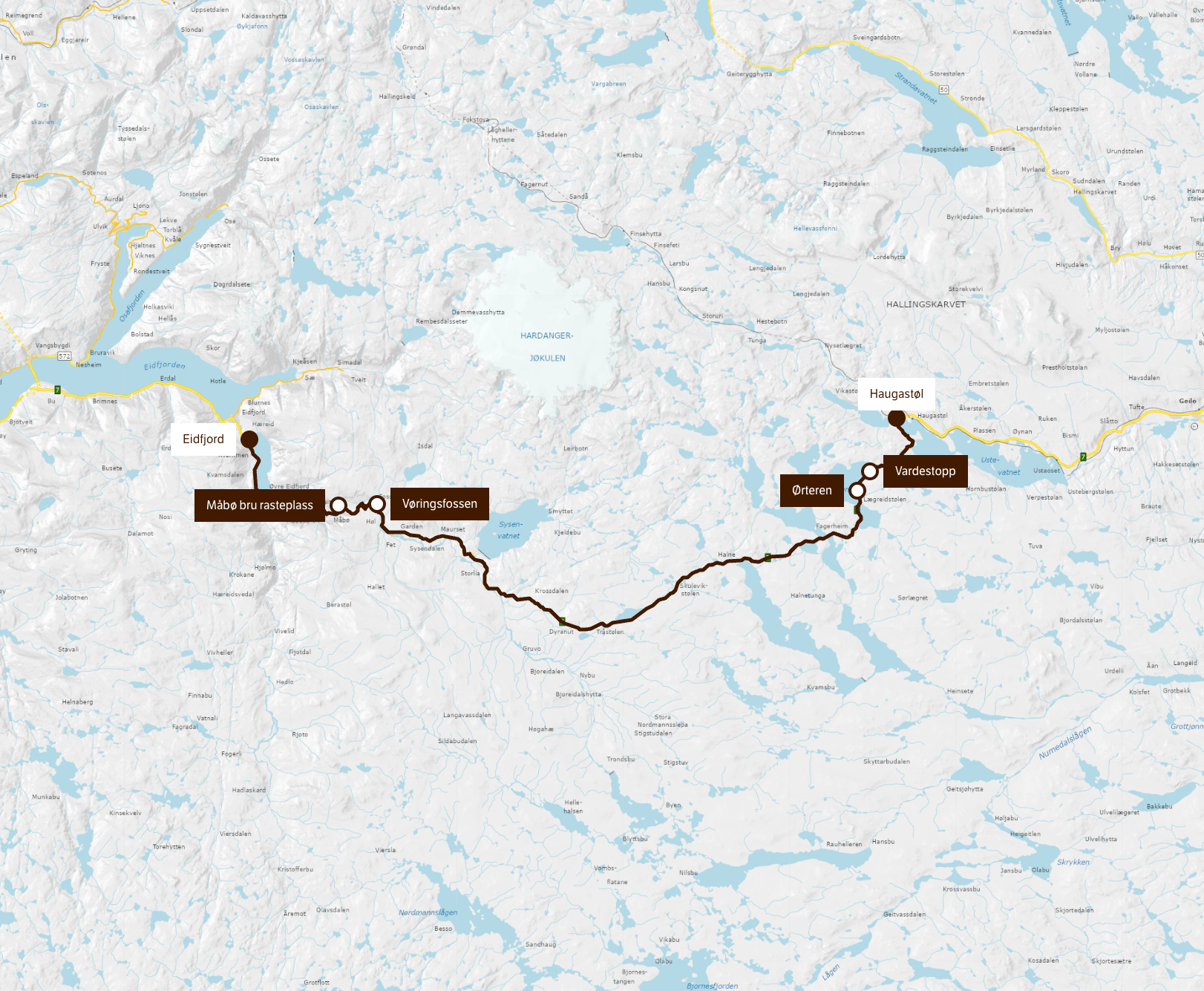 A map of the Scenic Route Hardangervidda