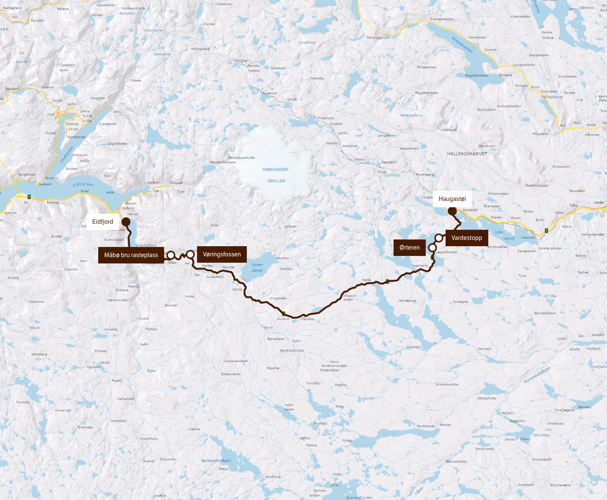 A map of the Scenic Route Hardangervidda