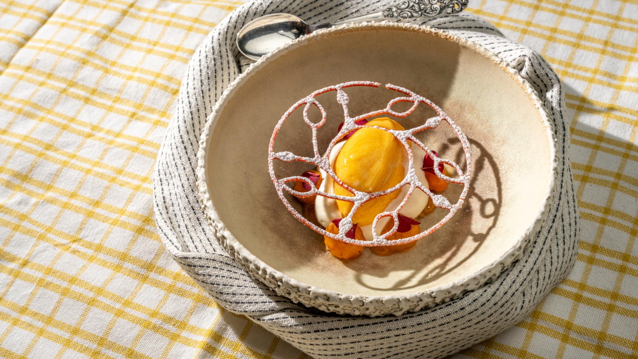 Cloudberry ice cream with krumkake made by chef Tom Victor Gausdal.