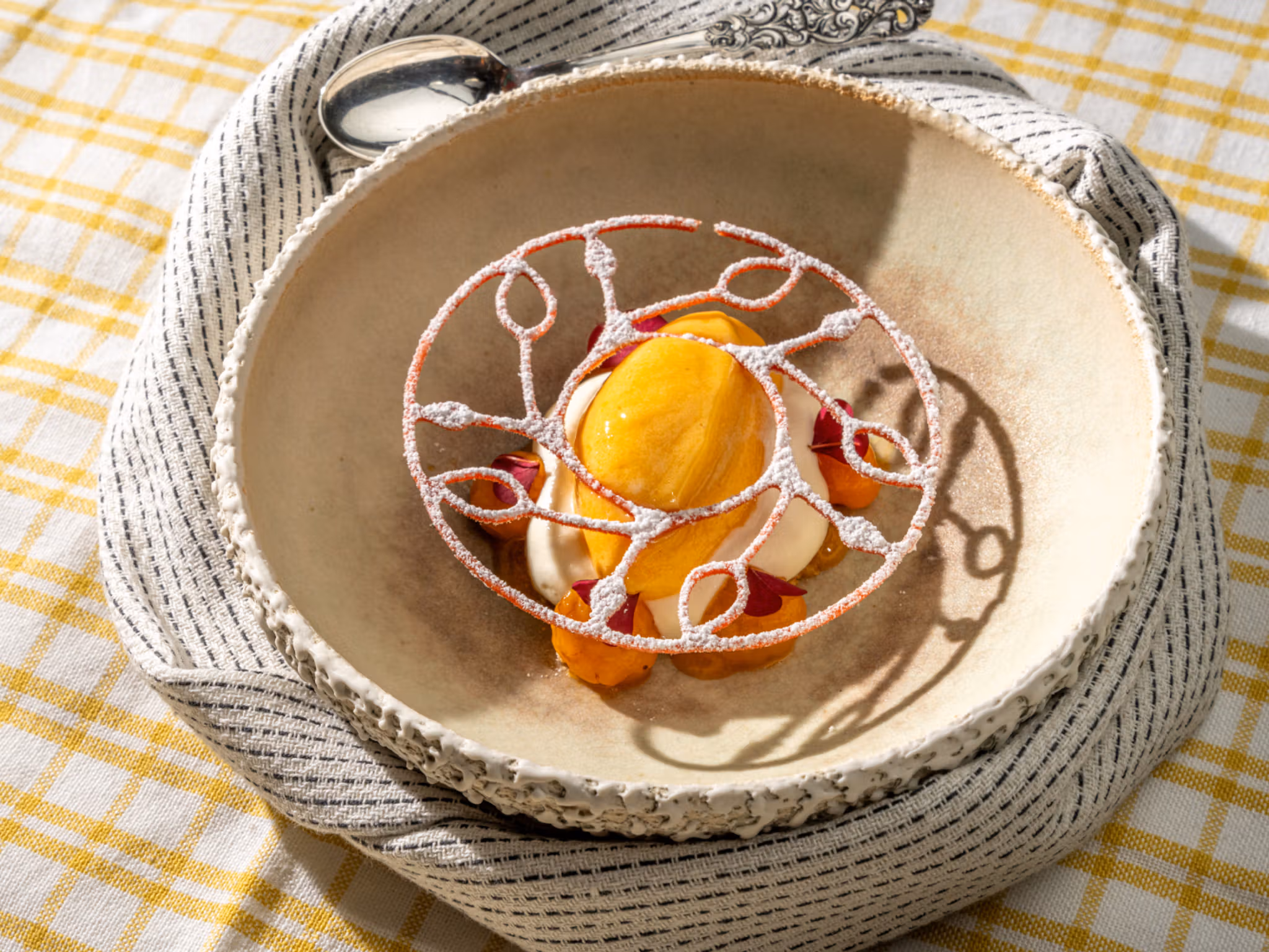 Cloudberry ice cream with krumkake made by chef Tom Victor Gausdal.