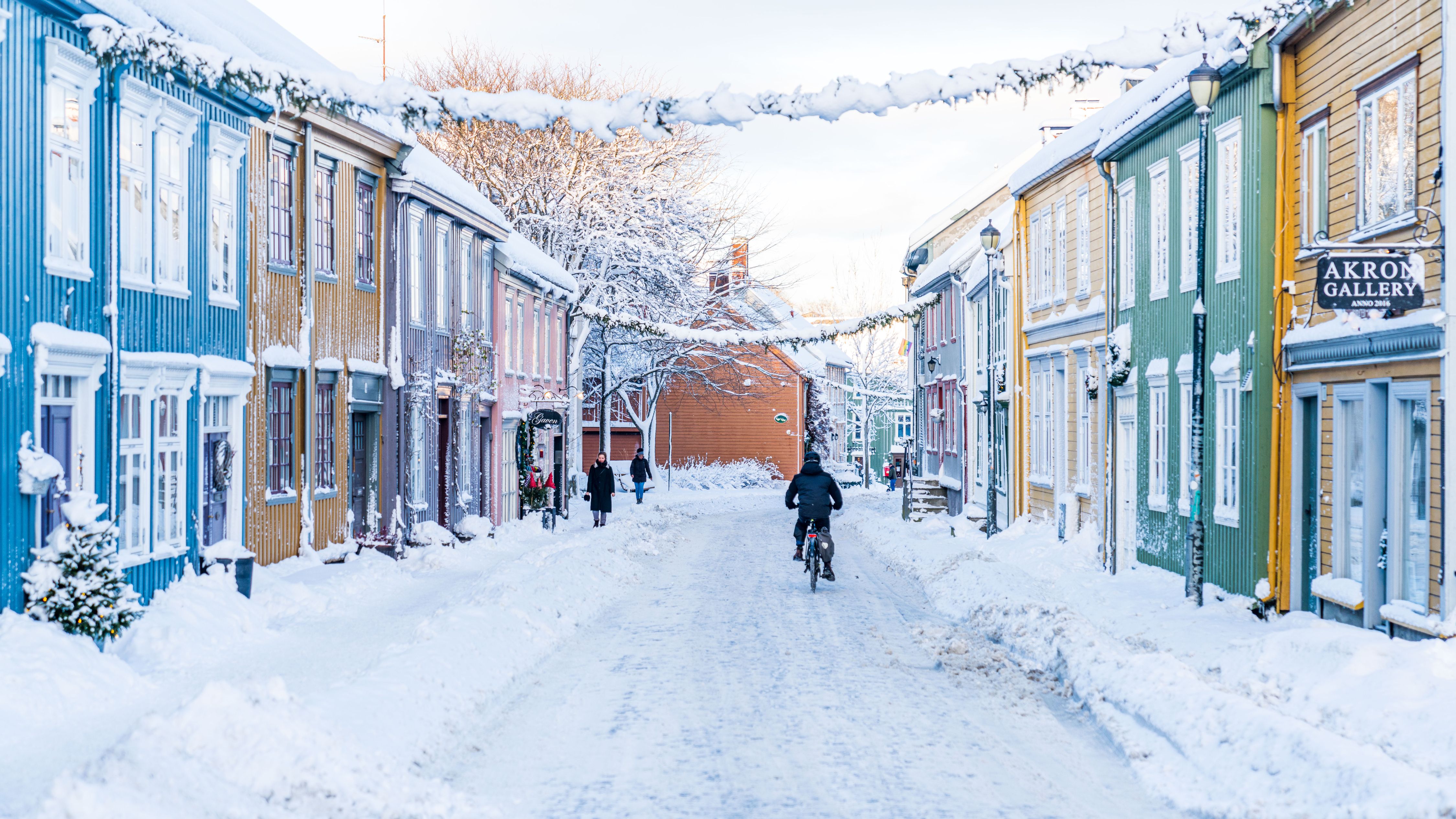 The Bakklandet area in Trondheim in winter, Trøndelag, Norway.