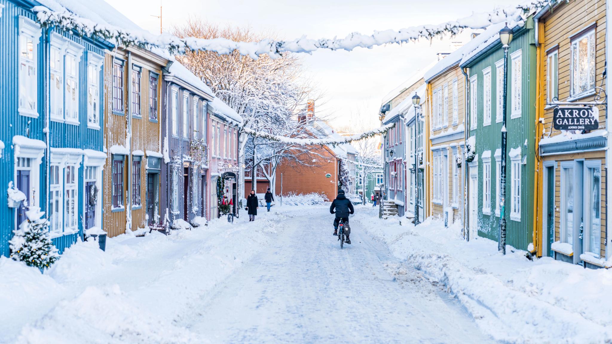 The Bakklandet area in Trondheim in winter, Trøndelag, Norway.