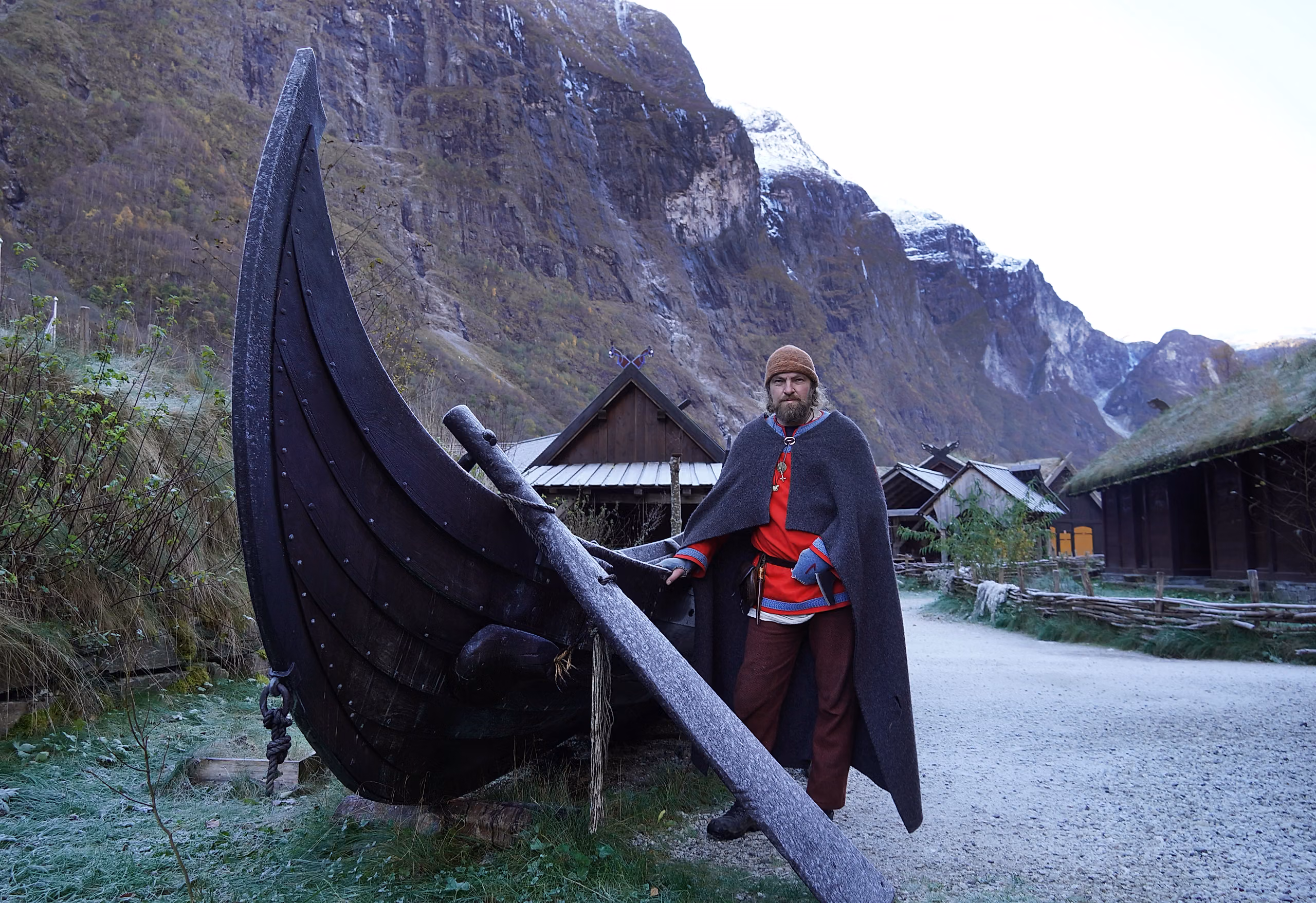 Viking in front of a viking ship in Viking Village in Gudvangen