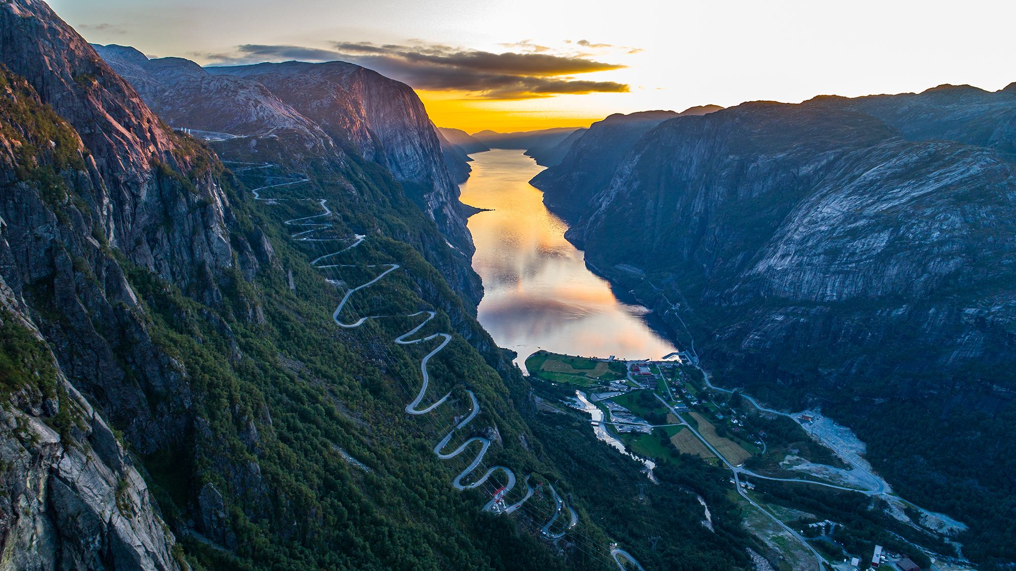 The hairpin bends of the Lysevegen road in Ryfylke in Fjord Norway