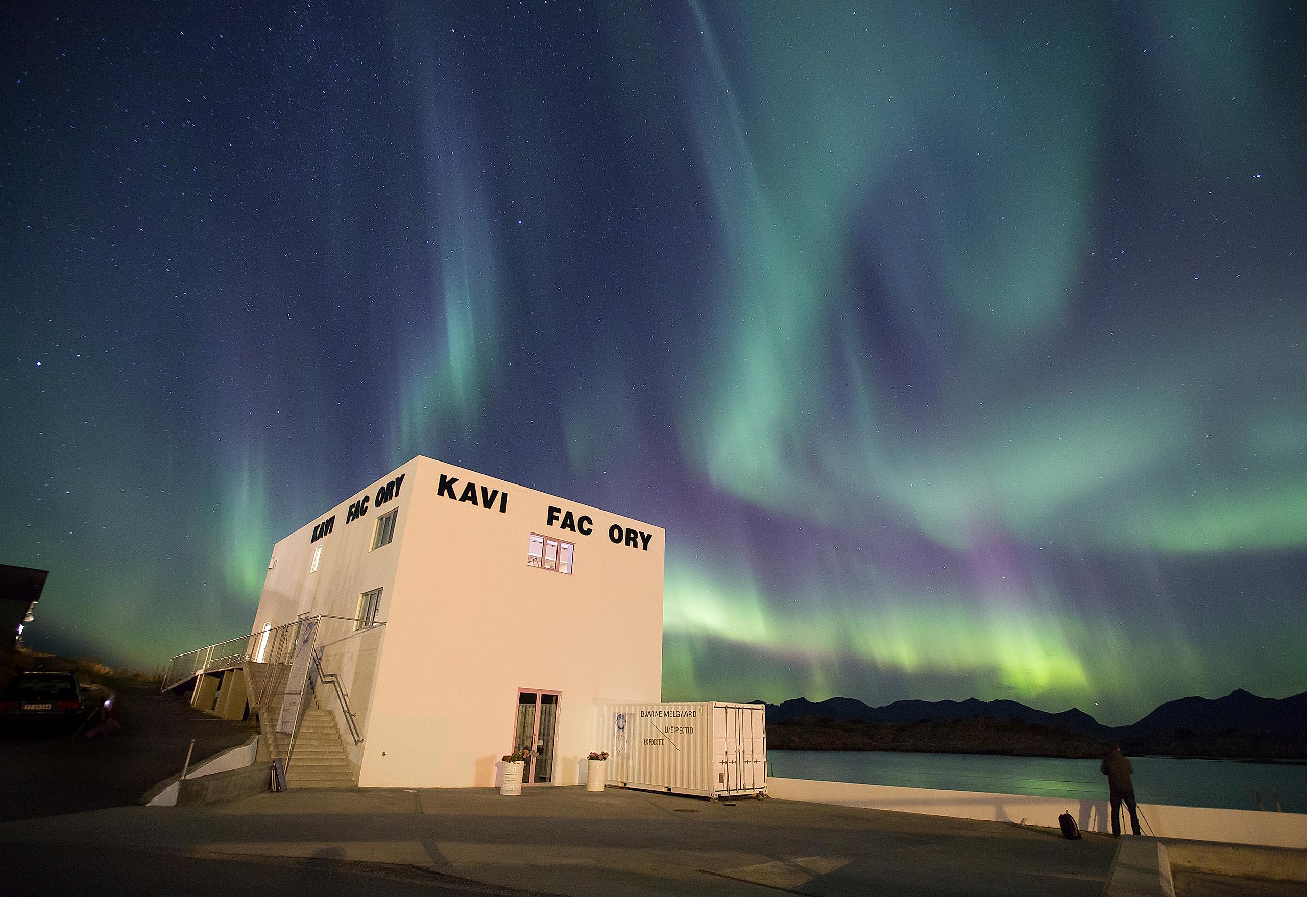 The white factory for contemporary art in Lofoten under the Northern lights