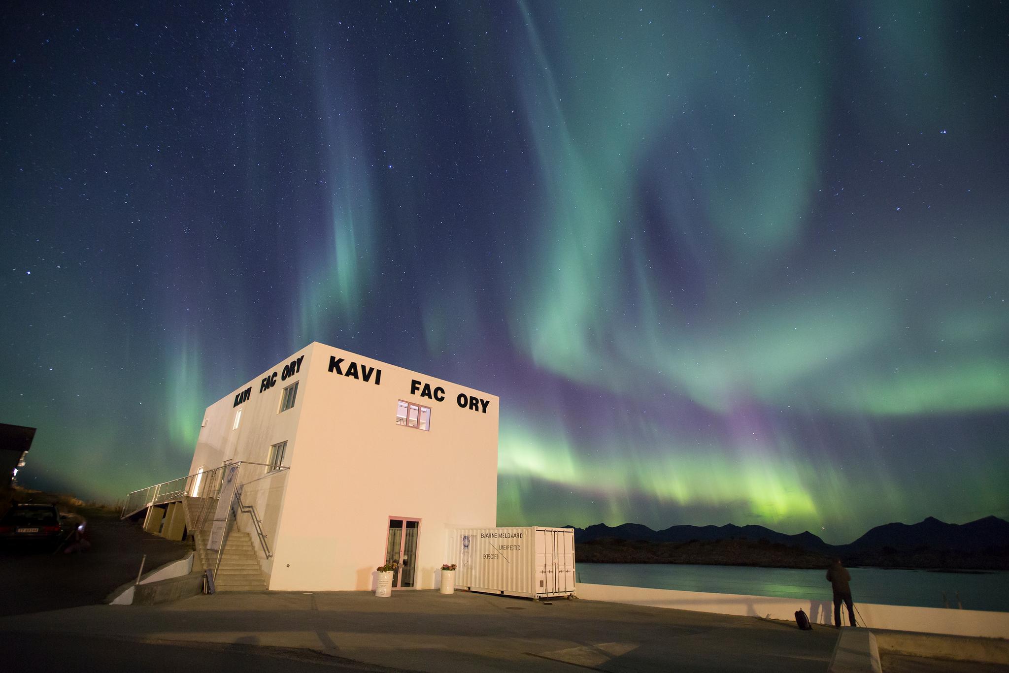The white factory for contemporary art in Lofoten under the Northern lights