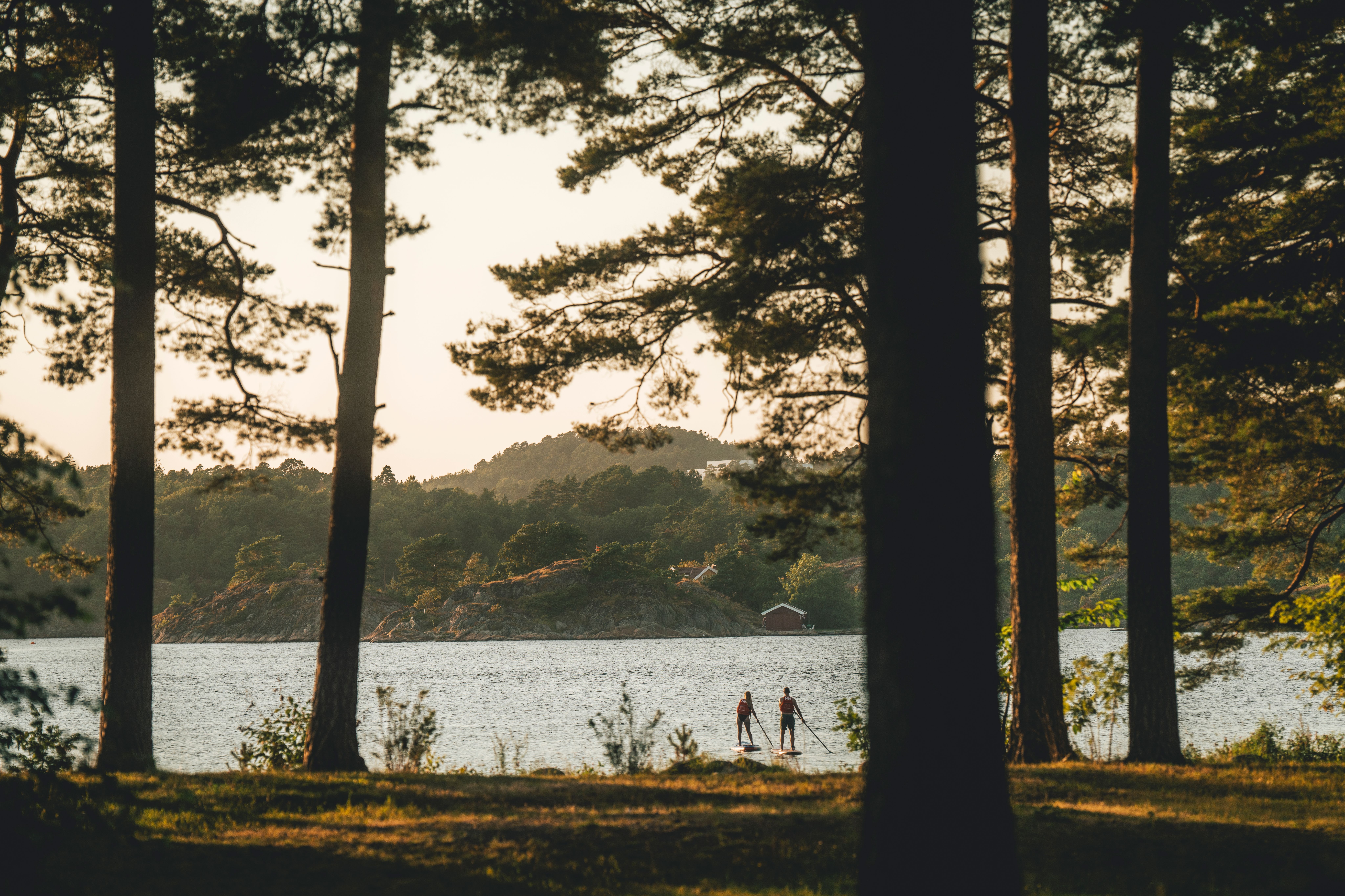 A couple paddle boarding at Raet camping, Arendal