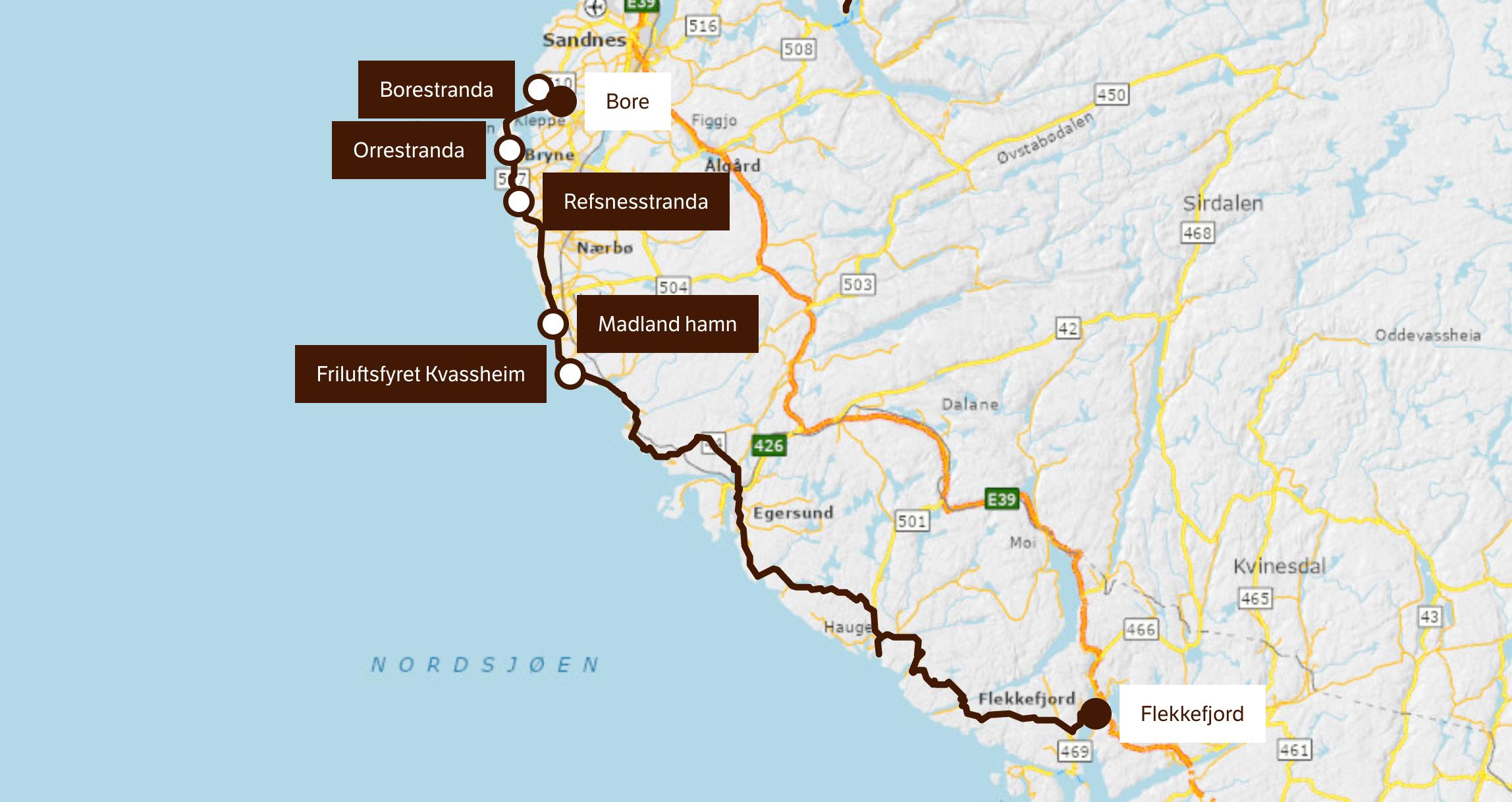 A map of the Scenic route Jæren.