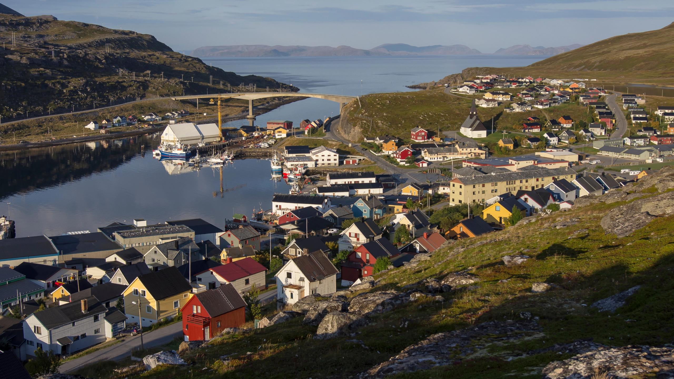 View of Havøysund village with houses along the coastline