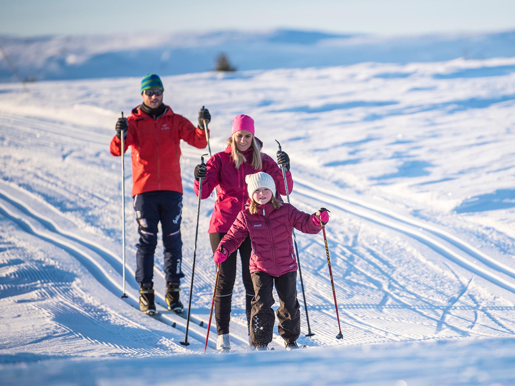 Een gezin aan het langlaufen in Valdres, Oost-Noorwegen
