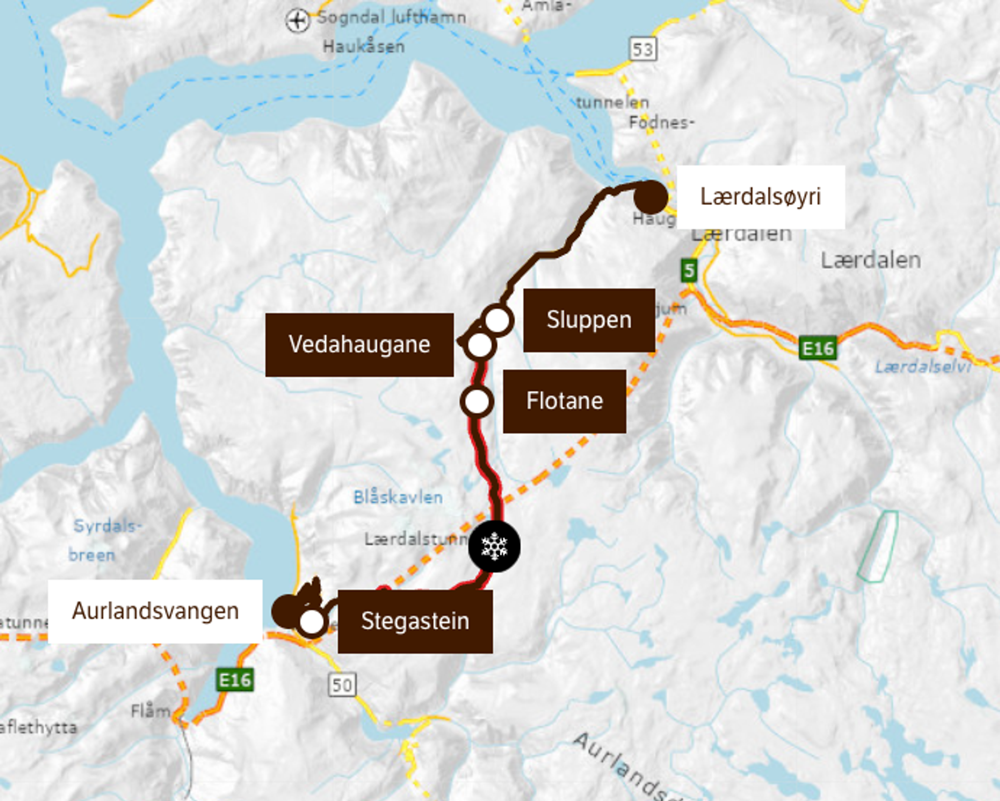 Kart over stopp langs Aurlandsvegen