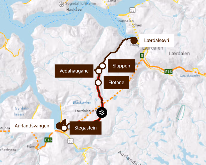 Map of Aurlandsvegen with pitstops