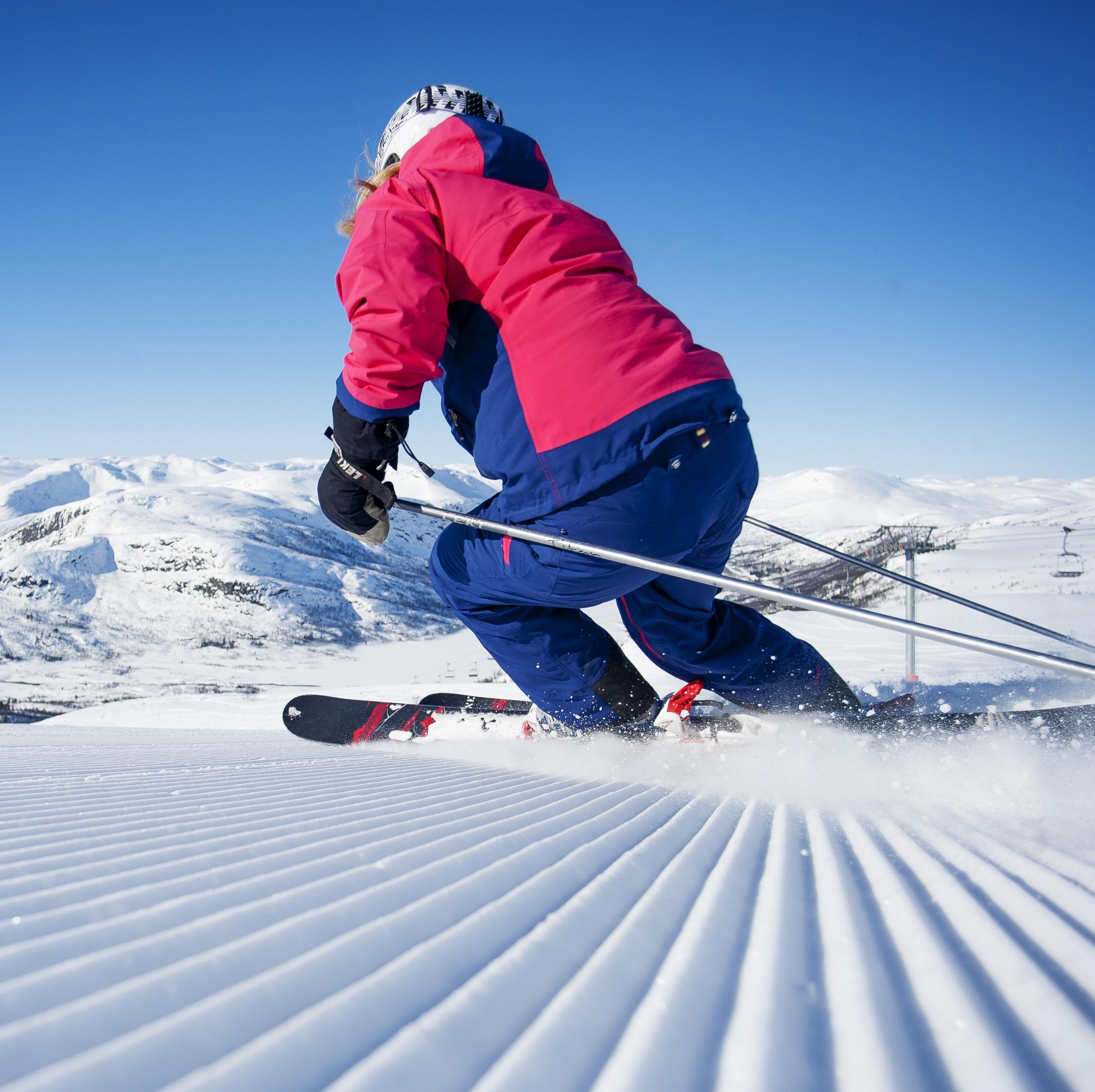 A person alpine skiing in Hovden in Setesdal, Southern Norway