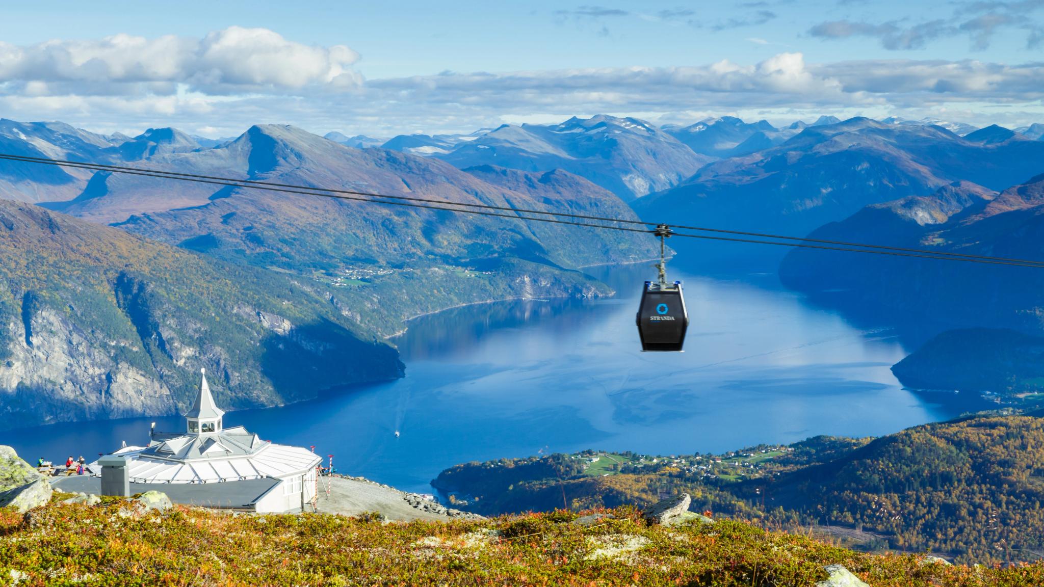 The gondola lift and the pavilion at Mount Strandafjellet in Fjord Norway