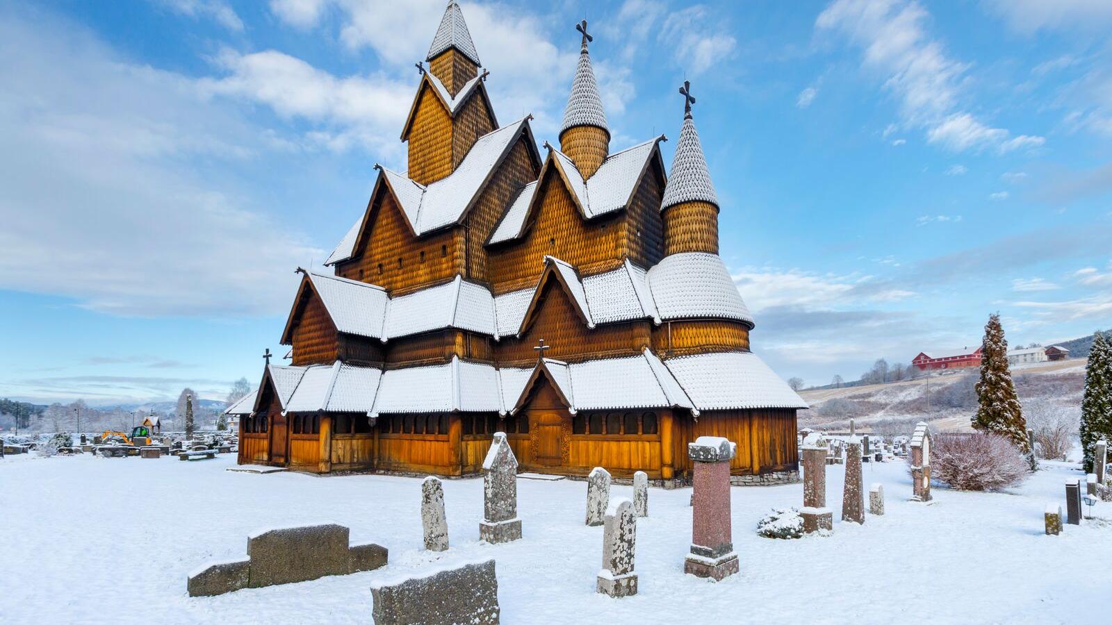 Heddal stave church coverd by snow in the winter