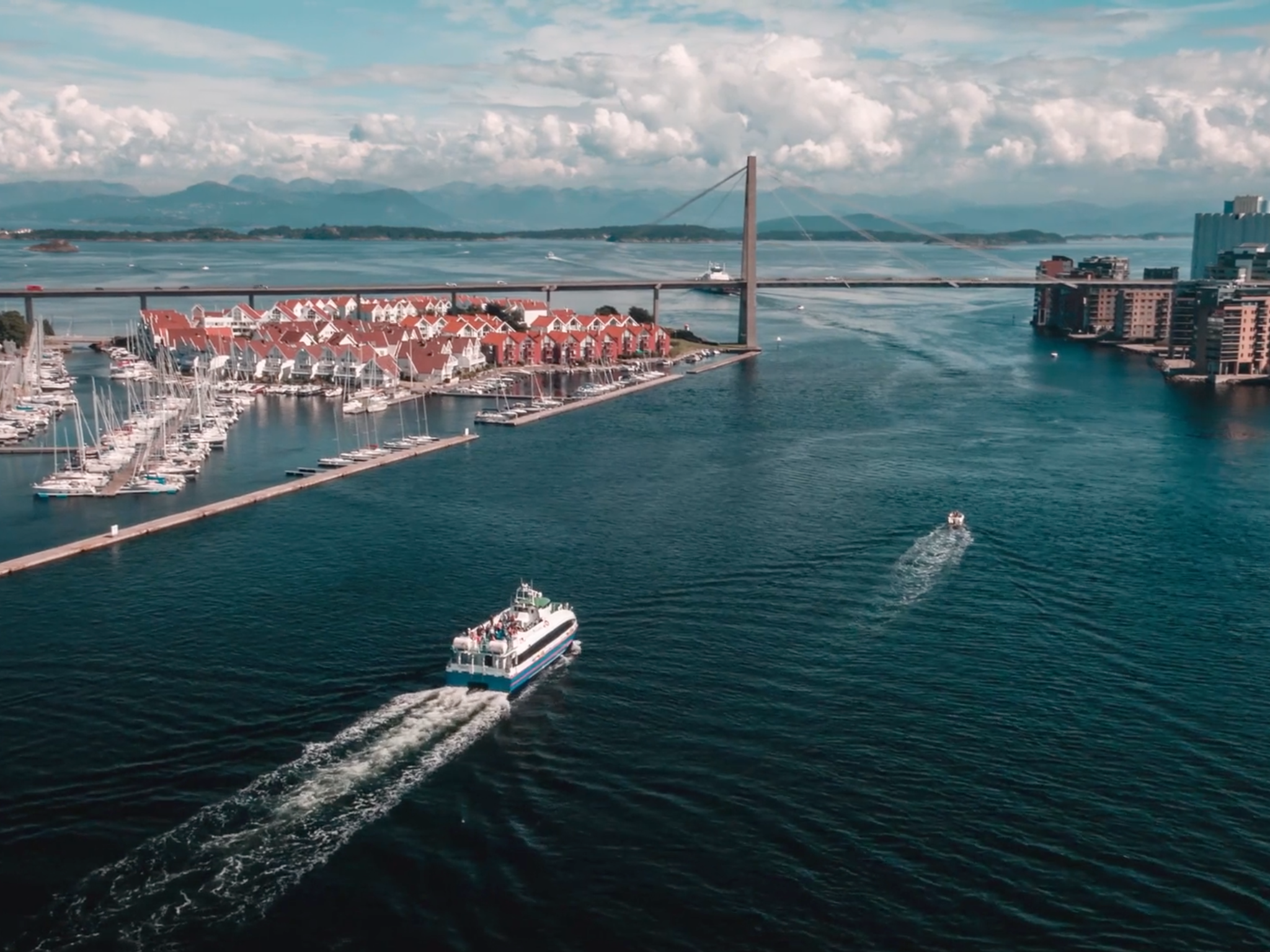 A ferry sailing towards Stavanger city centre in Fjord Norway