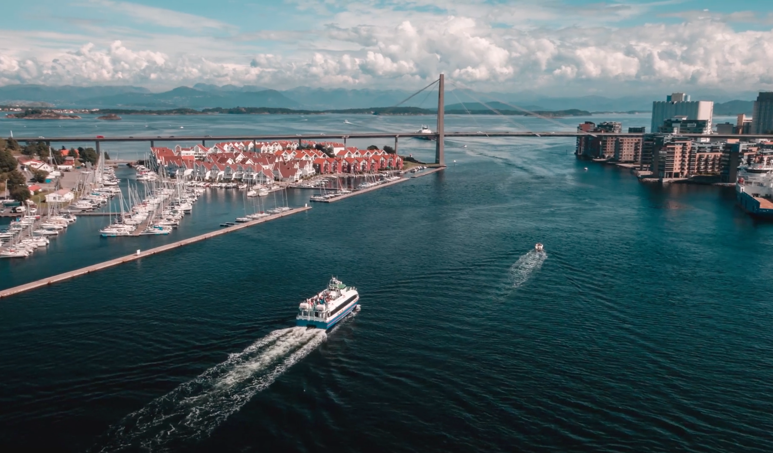 A ferry sailing towards Stavanger city centre in Fjord Norway
