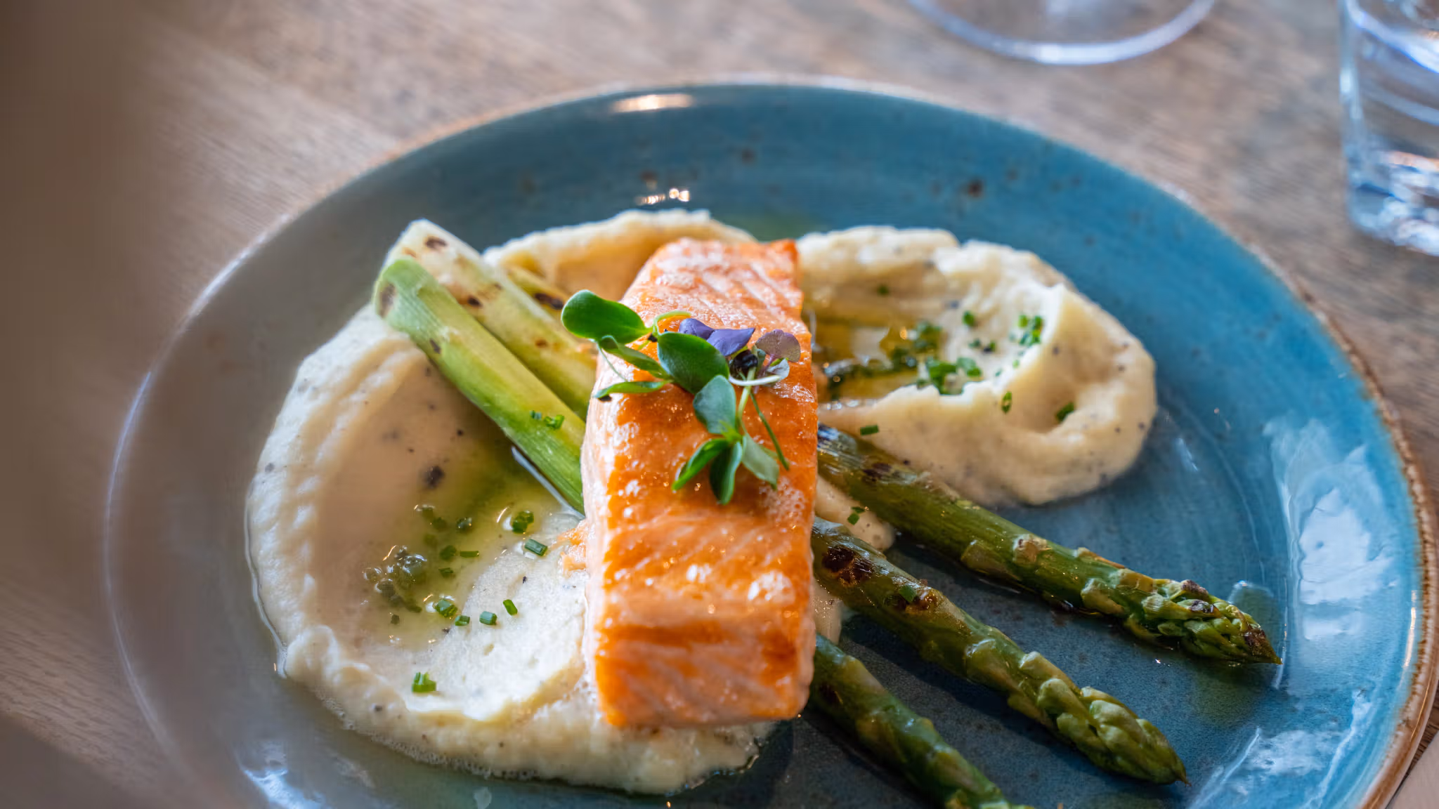 Grilled salmon on a plate at The Salmon, Tjuvholmen in Oslo