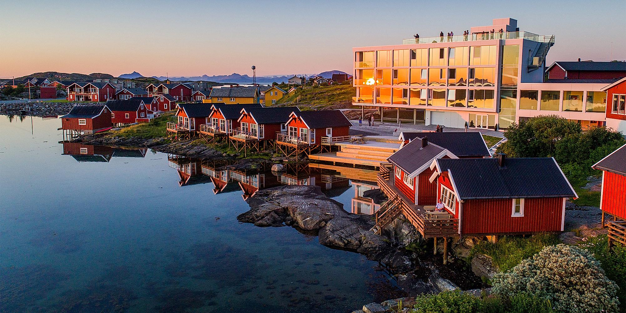 Lovund hotel and fisherman’s cabins at the island Lovund. Kystriksveien in Helgeland, Northern Norway.
