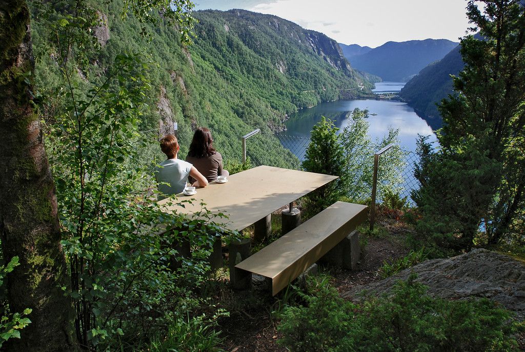 People enjoying the view of the Lovrafjord.